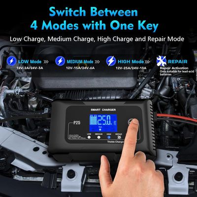 25A Car Battery Charger 12V 24V LiFePO4 Lead Acid Battery Maintainer with LCD