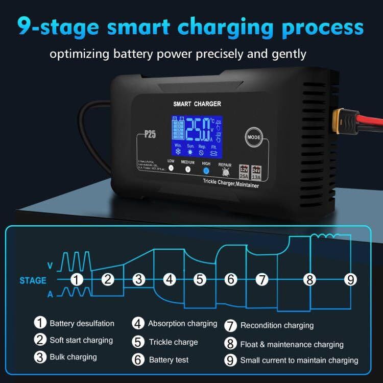 25A Car Battery Charger 12V 24V LiFePO4 Lead Acid Battery Maintainer with LCD