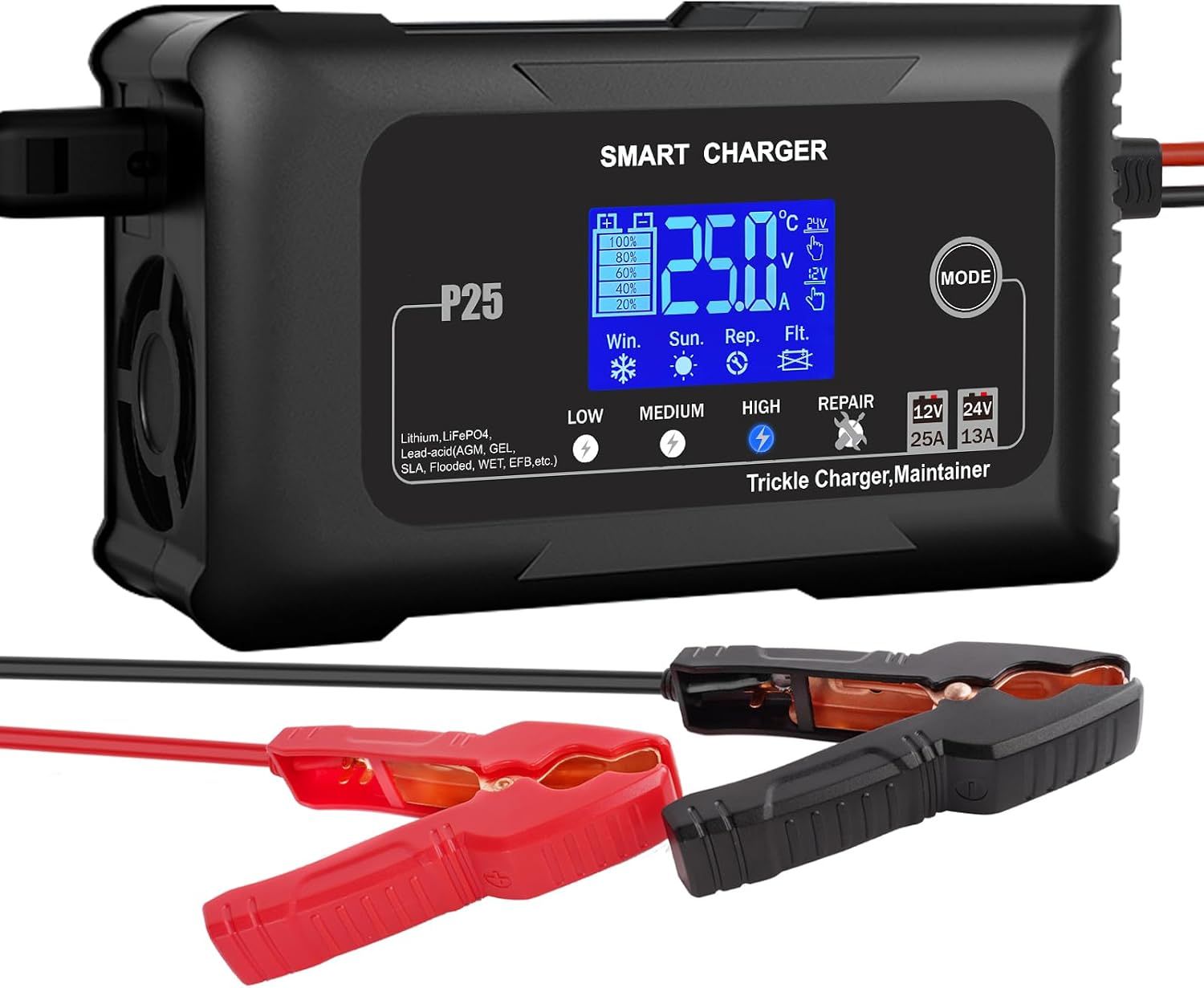 25A Car Battery Charger 12V 24V LiFePO4 Lead Acid Battery Maintainer with LCD