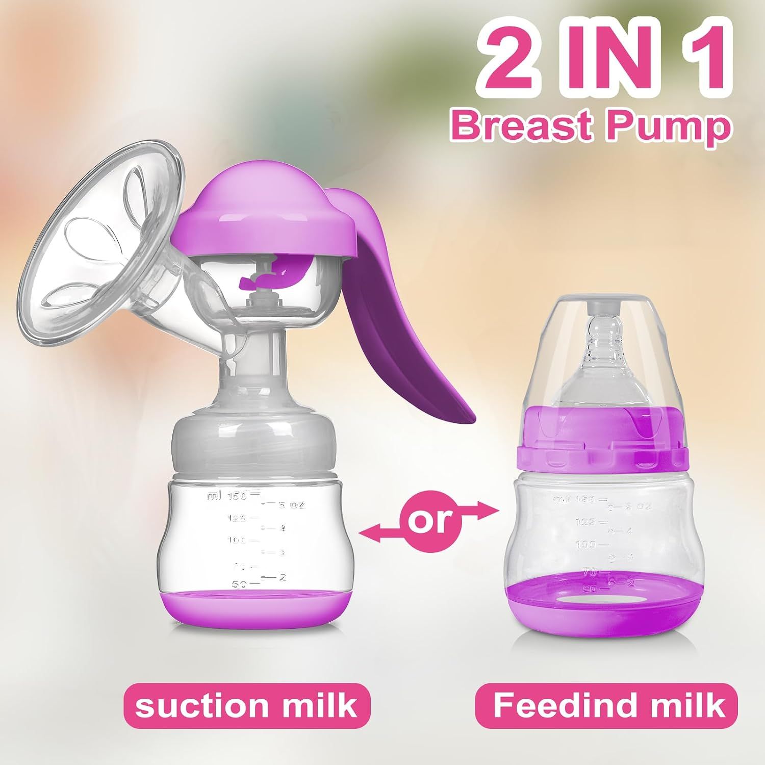 Manual Breast Pump 150ml, BPA-Free Silicone Breast Milk Pump with Adjustable Suction