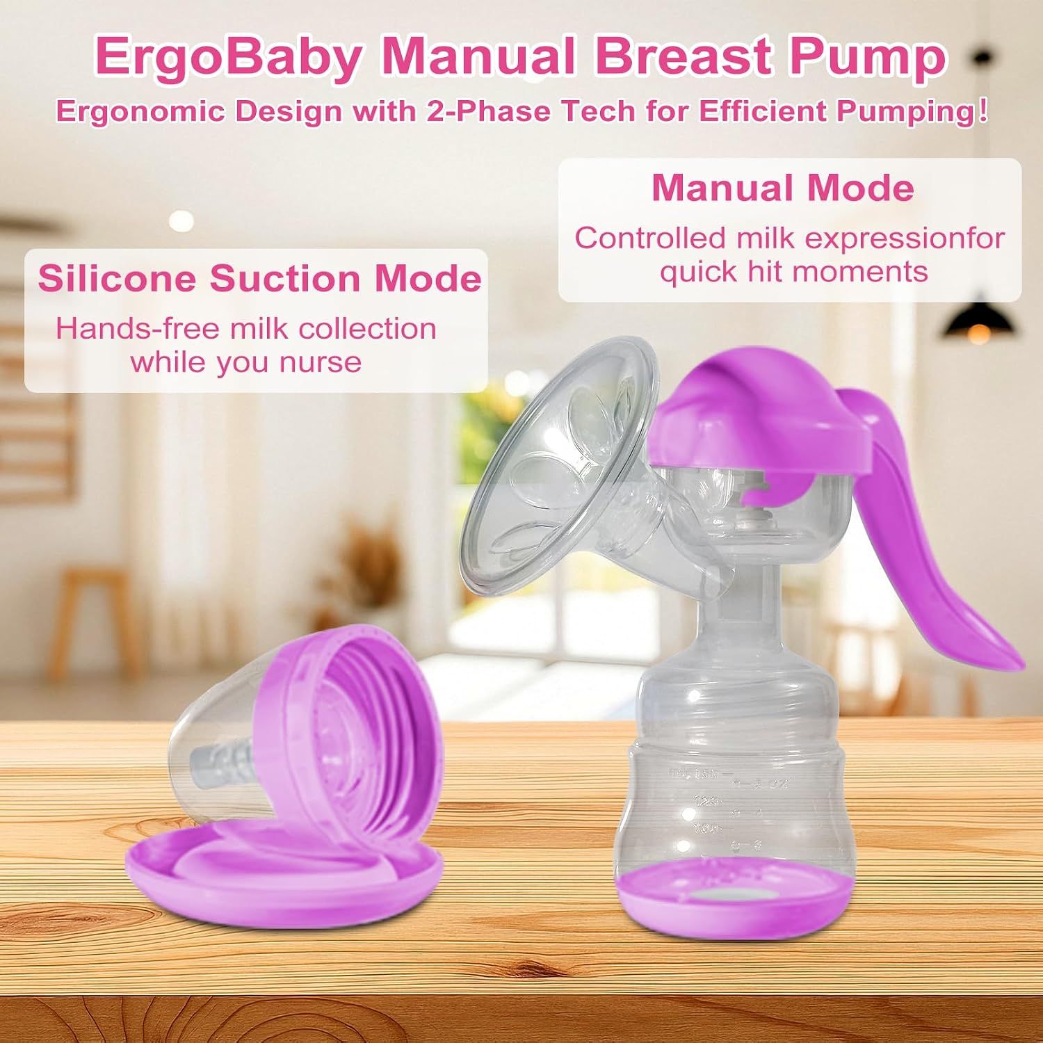 Manual Breast Pump 150ml, BPA-Free Silicone Breast Milk Pump with Adjustable Suction