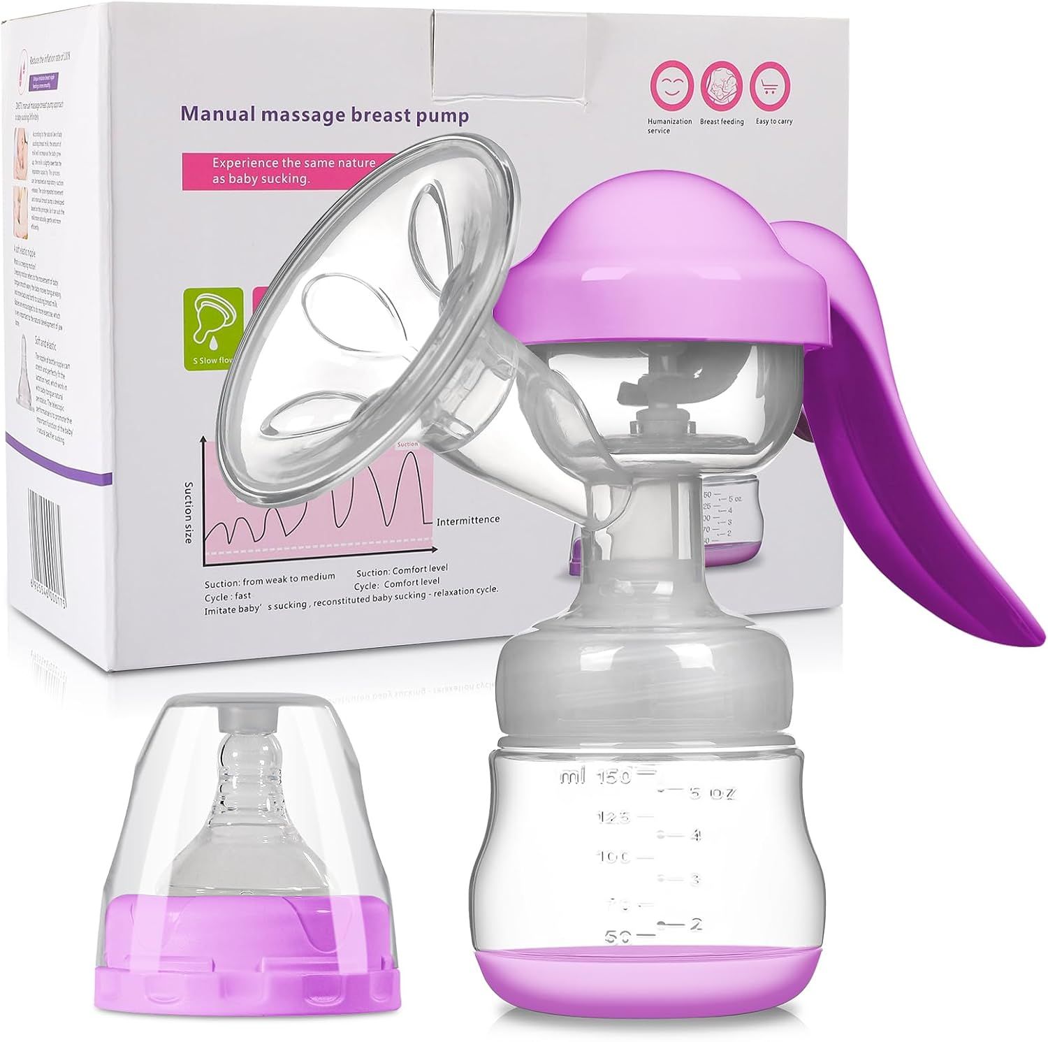 Manual Breast Pump 150ml, BPA-Free Silicone Breast Milk Pump with Adjustable Suction
