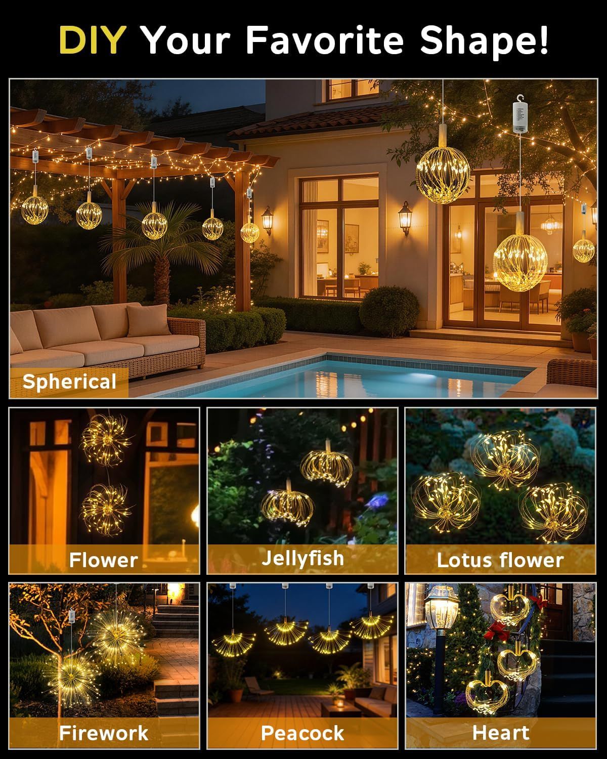 LED Starburst Firework Lights 6 Pack Fairy String Lights with Remote Control