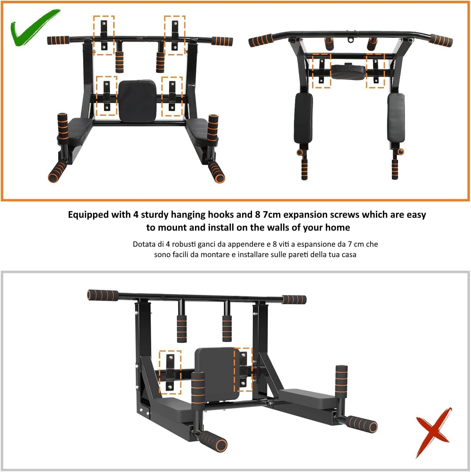 Pull Up Multifunction Wall-Mounted Pull-Up Bar &amp; Dip Station – 200KG Capacity
