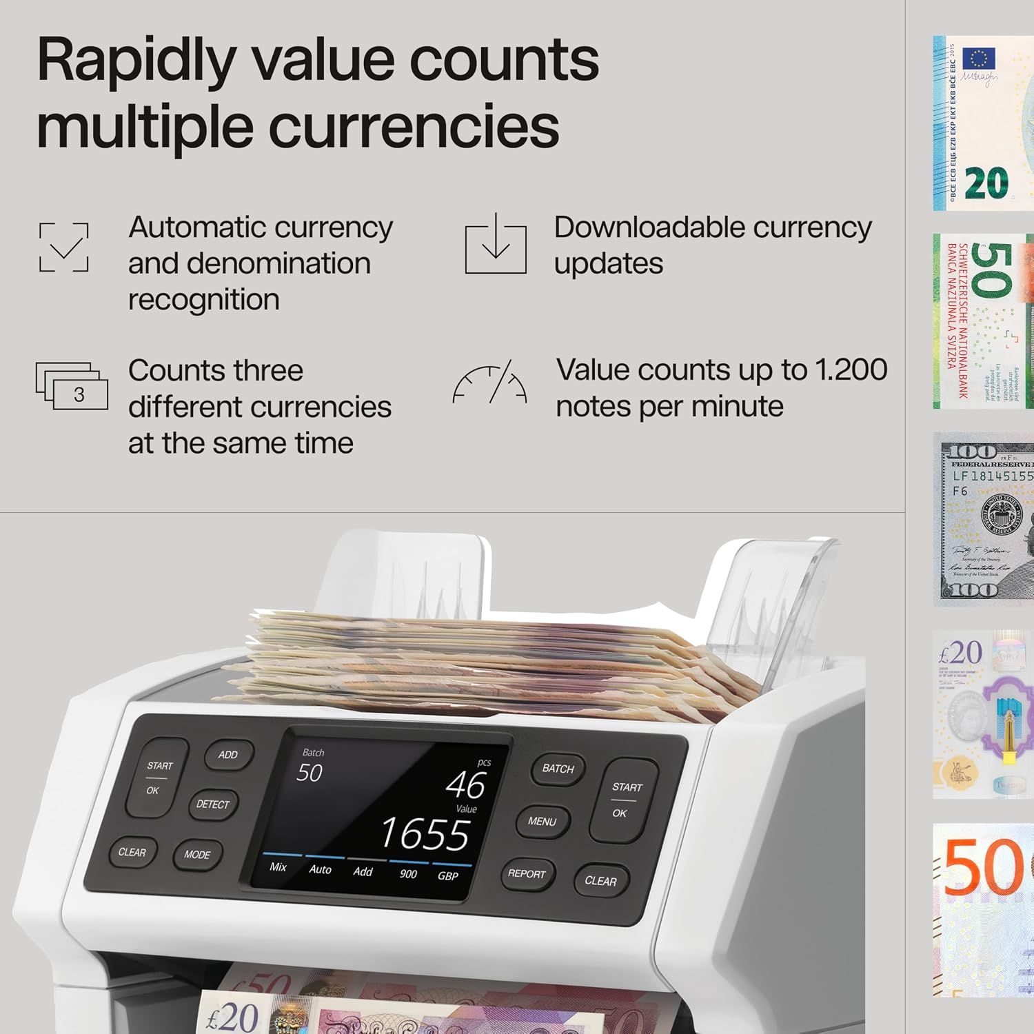Safescan 2865-S Money Counting Machine, Mixed Banknote Value Counter with 7-Point Counterfeit Detection System