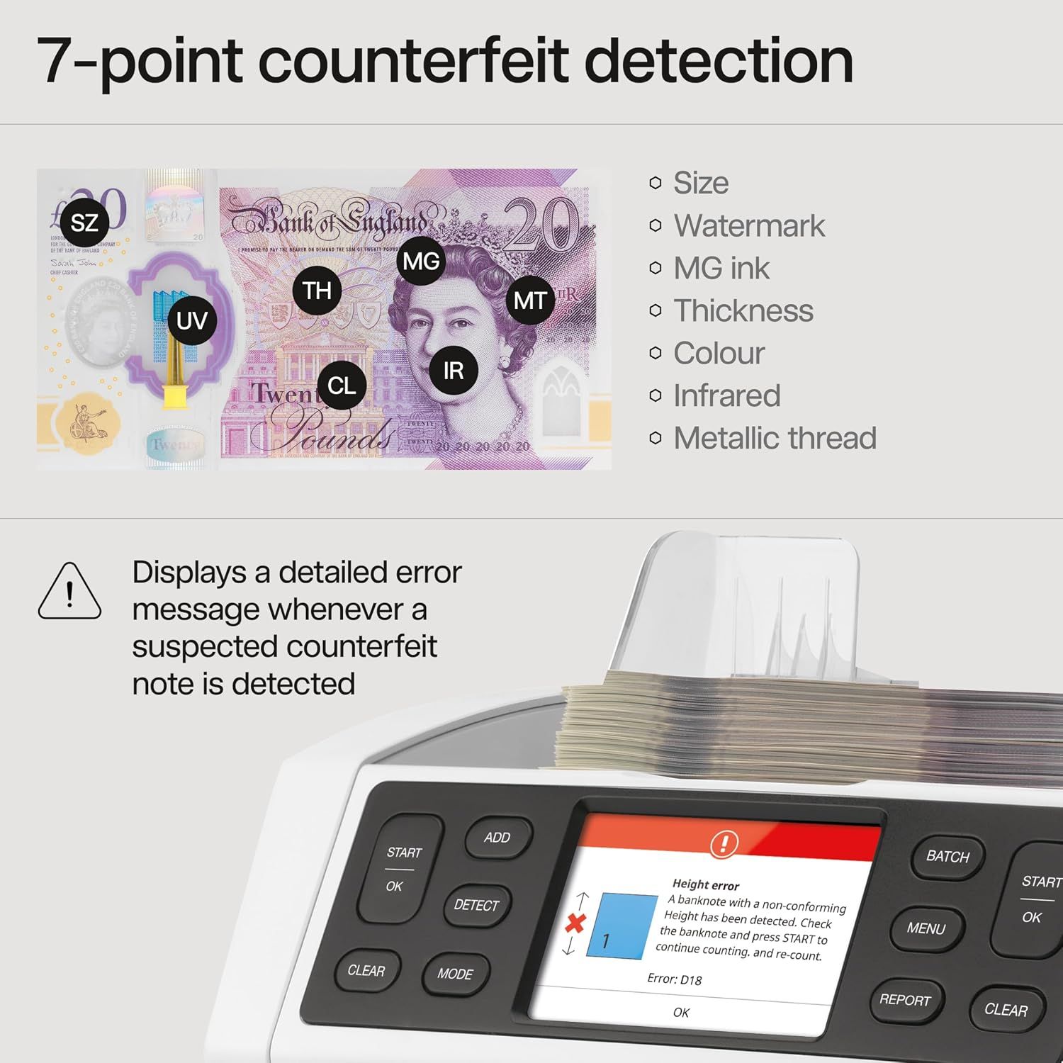 Safescan 2865-S Money Counting Machine, Mixed Banknote Value Counter with 7-Point Counterfeit Detection System