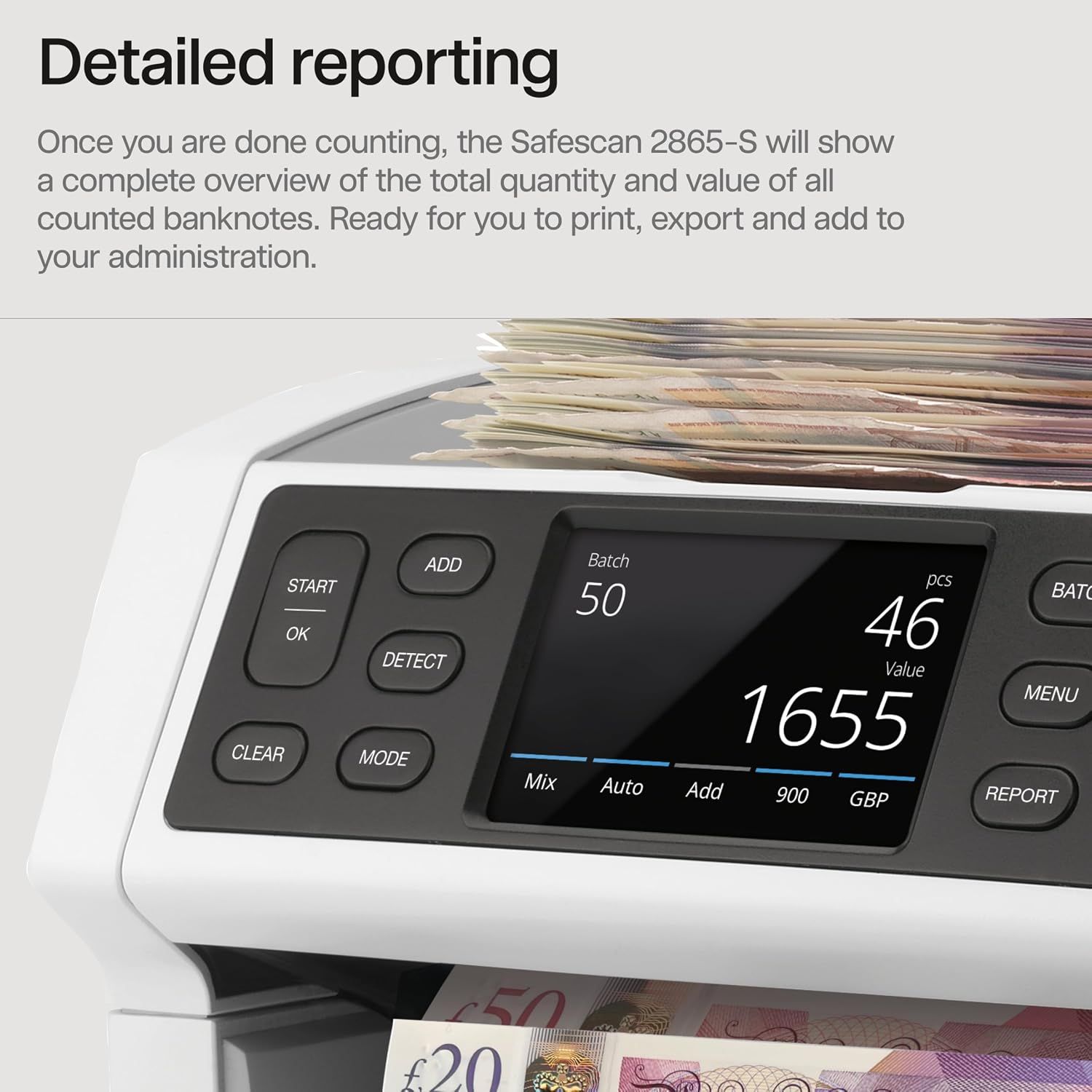 Safescan 2865-S Money Counting Machine, Mixed Banknote Value Counter with 7-Point Counterfeit Detection System