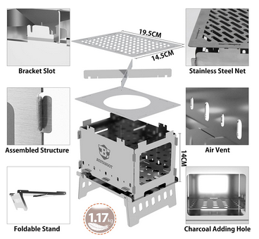 Camping Wood Stove Stainless Steel Foldable Mini Charcoal Grill Outdoor Stove Barbecue Grill for Camping Garden Outdoor