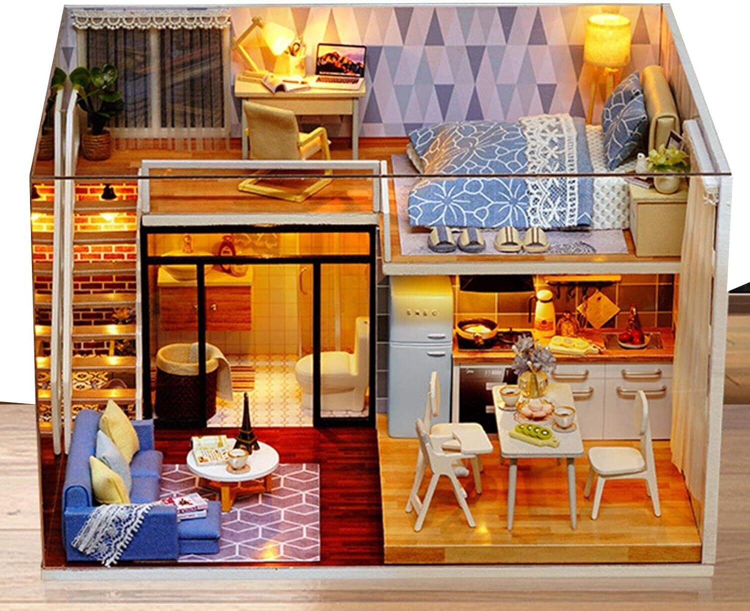 Wooden Doll House Furniture  House Kit DIY Miniature House Dollhouse Construction Kit Dollhouse Miniature DIY House Building Kit Creative Room with Furniture