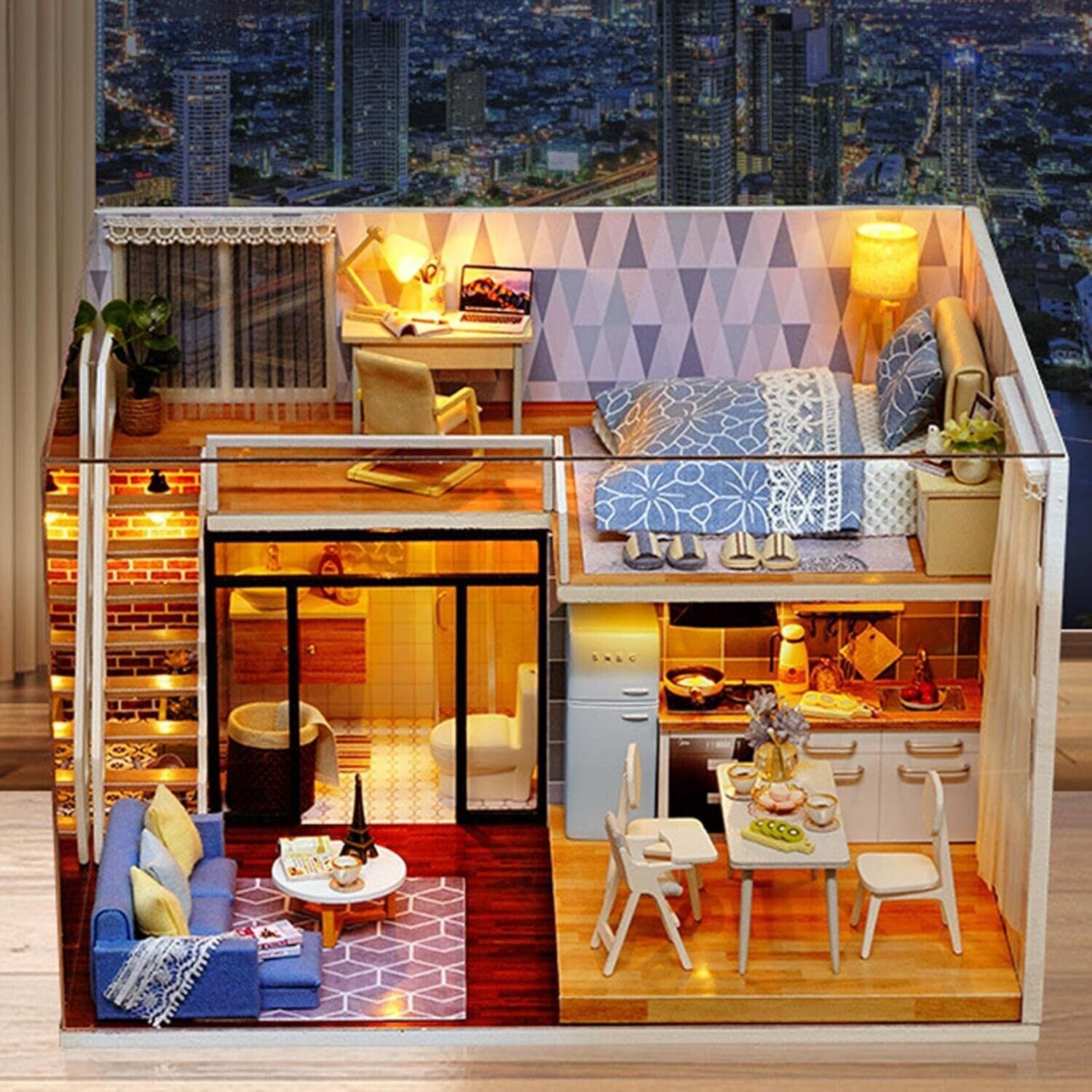 Wooden Doll House Furniture  House Kit DIY Miniature House Dollhouse Construction Kit Dollhouse Miniature DIY House Building Kit Creative Room with Furniture