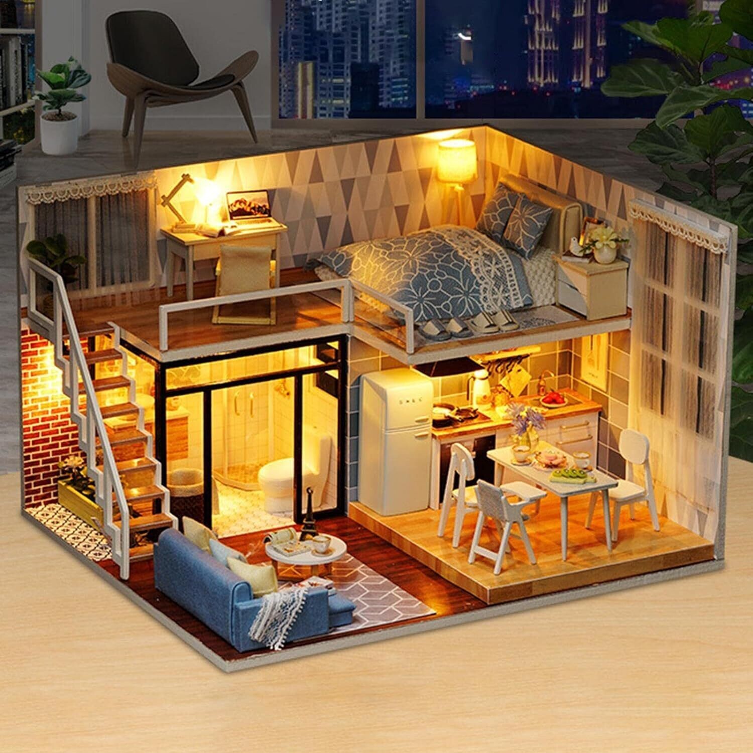 Wooden Doll House Furniture  House Kit DIY Miniature House Dollhouse Construction Kit Dollhouse Miniature DIY House Building Kit Creative Room with Furniture
