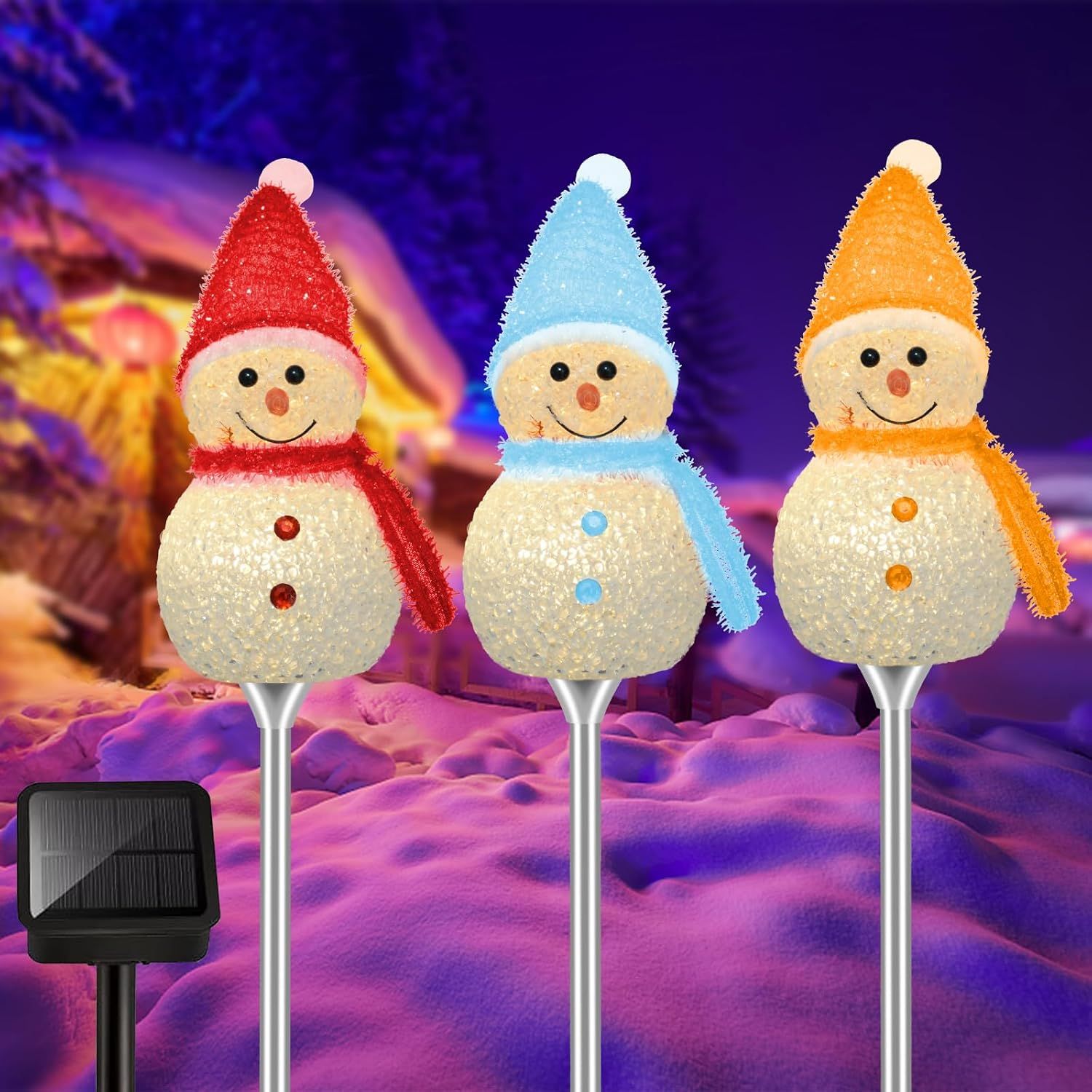 Snow Man 3-Piece Solar Christmas Snowman Garden Lights – Warm White LED &amp; 8 Lighting Modes