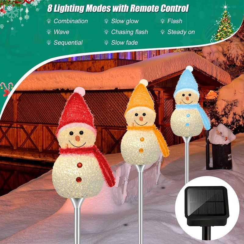 Snow Man 3-Piece Solar Christmas Snowman Garden Lights – Warm White LED &amp; 8 Lighting Modes