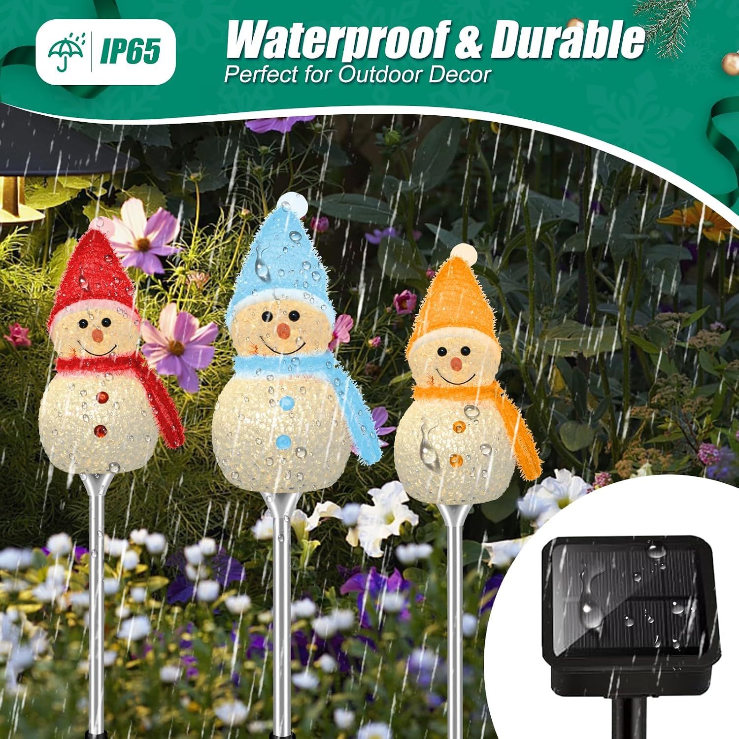 Snow Man 3-Piece Solar Christmas Snowman Garden Lights – Warm White LED &amp; 8 Lighting Modes