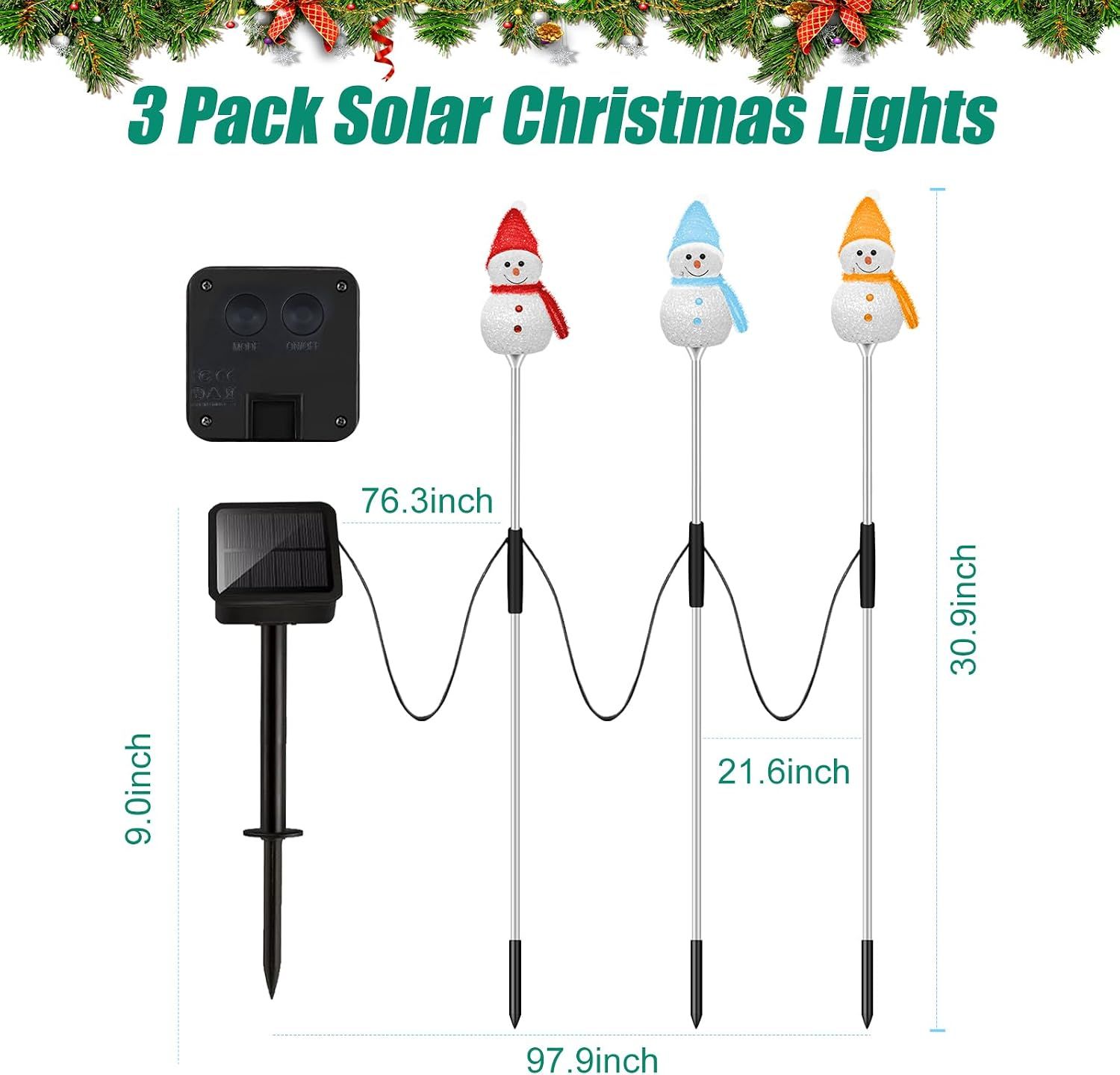 Snow Man 3-Piece Solar Christmas Snowman Garden Lights – Warm White LED &amp; 8 Lighting Modes