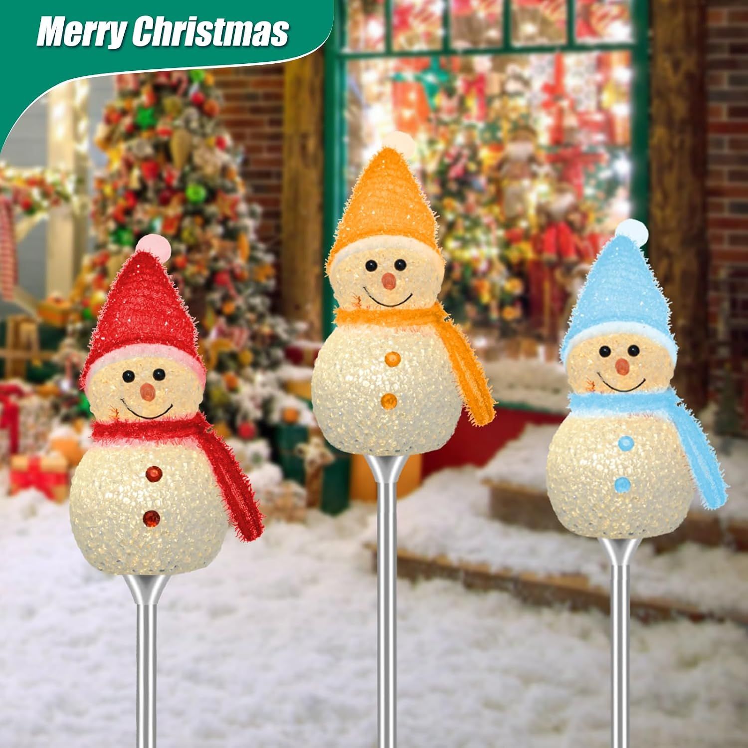 Snow Man 3-Piece Solar Christmas Snowman Garden Lights – Warm White LED &amp; 8 Lighting Modes