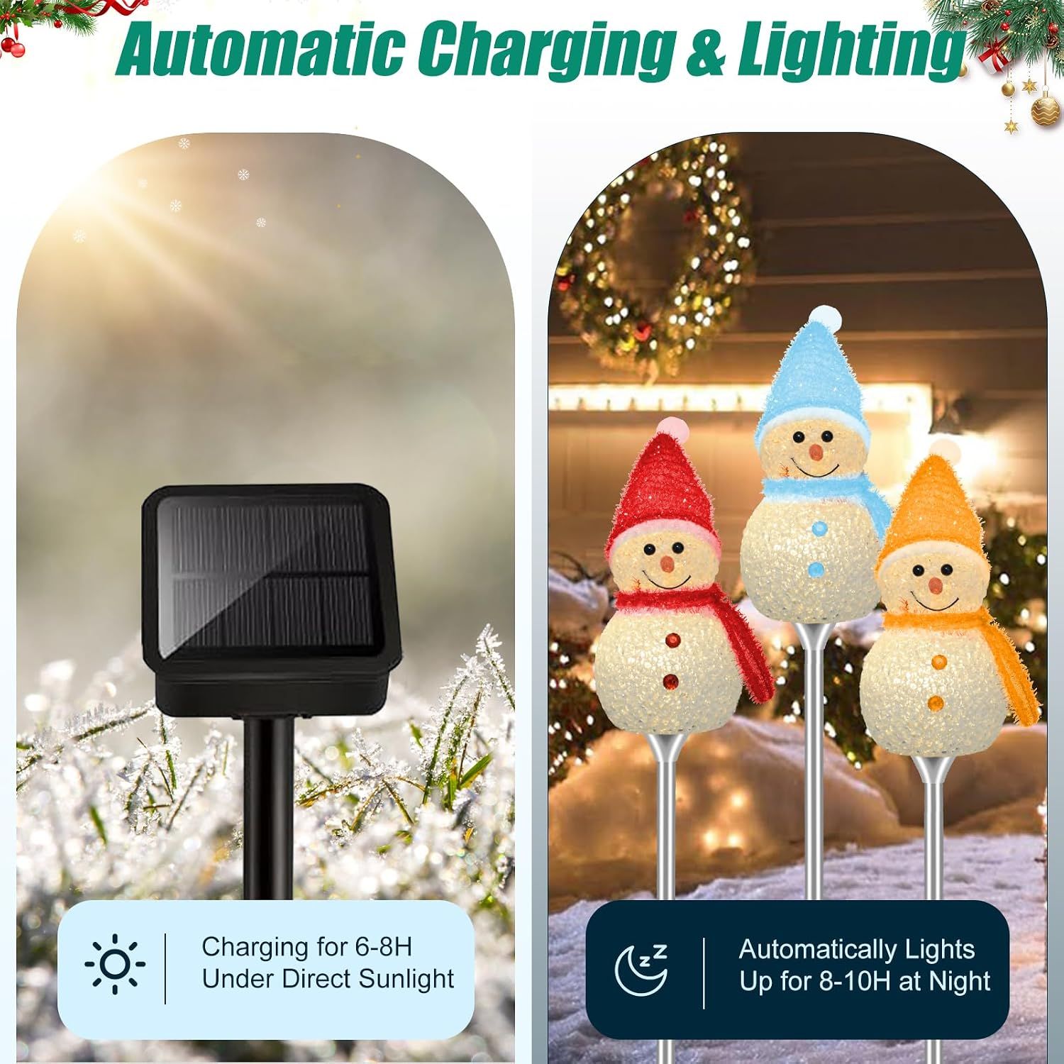 Snow Man 3-Piece Solar Christmas Snowman Garden Lights – Warm White LED &amp; 8 Lighting Modes