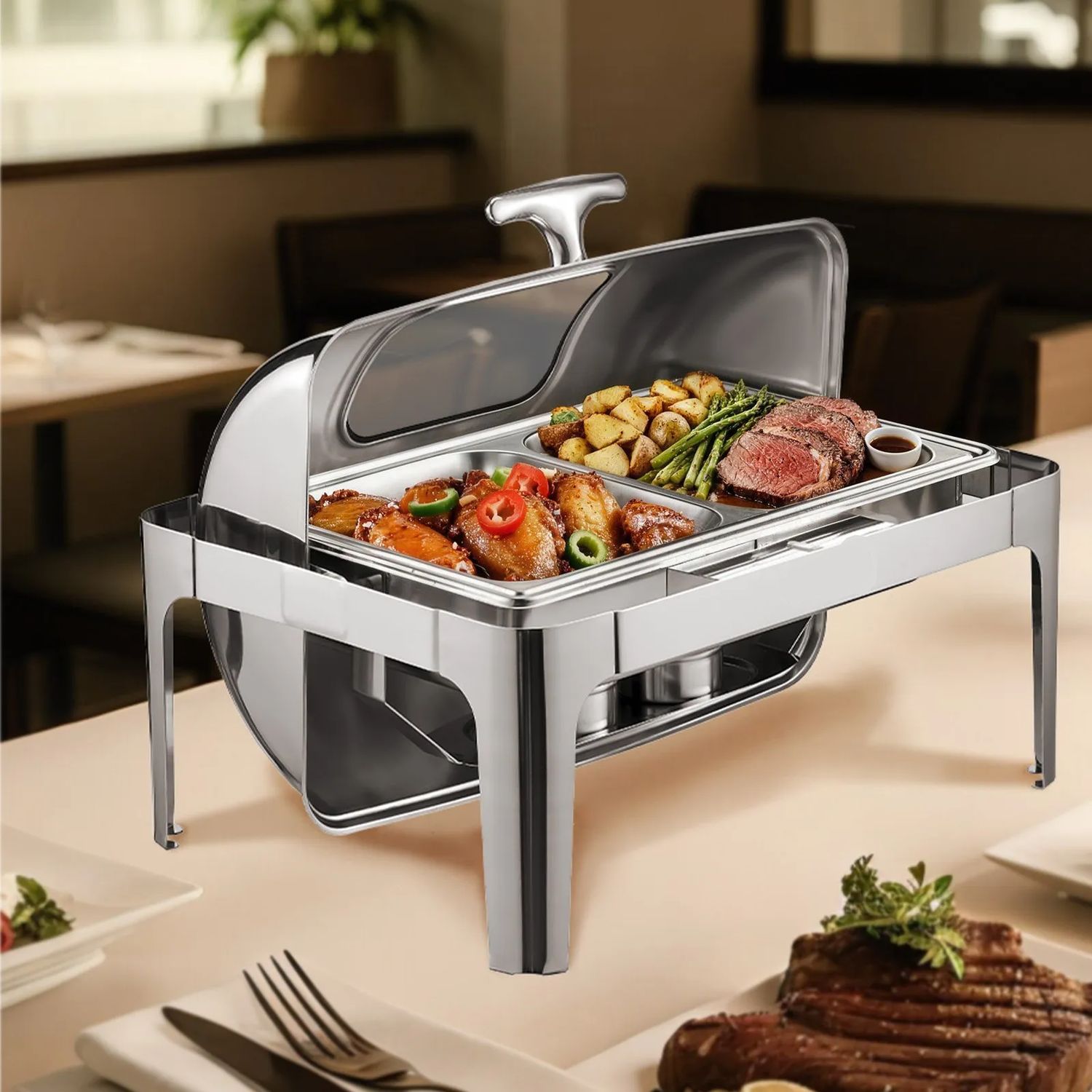 Roll-top Stainless Steel Roll-Top Chafing Dish – 2 × 4.5 Qt Half-Size Pans