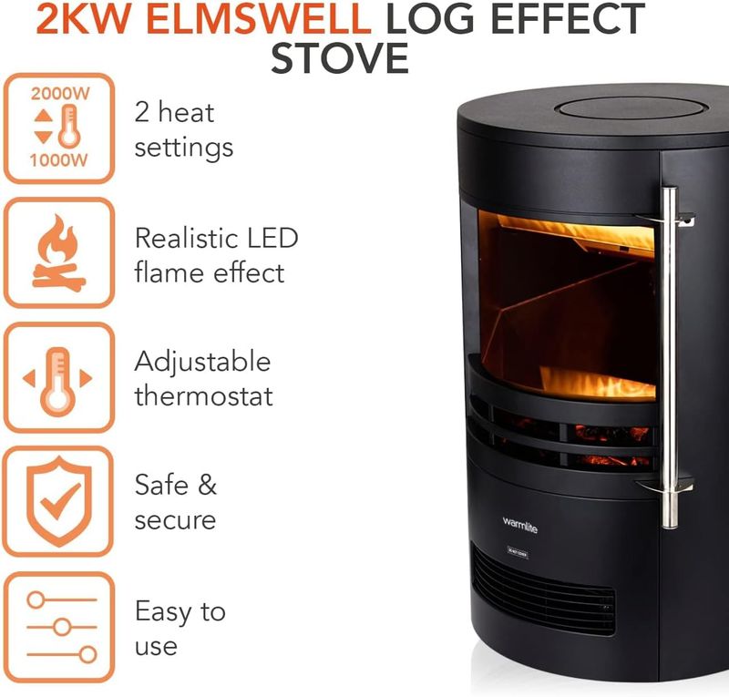 Stove with Two Heat Settings, Realistic LED Flame Effect, 2000W