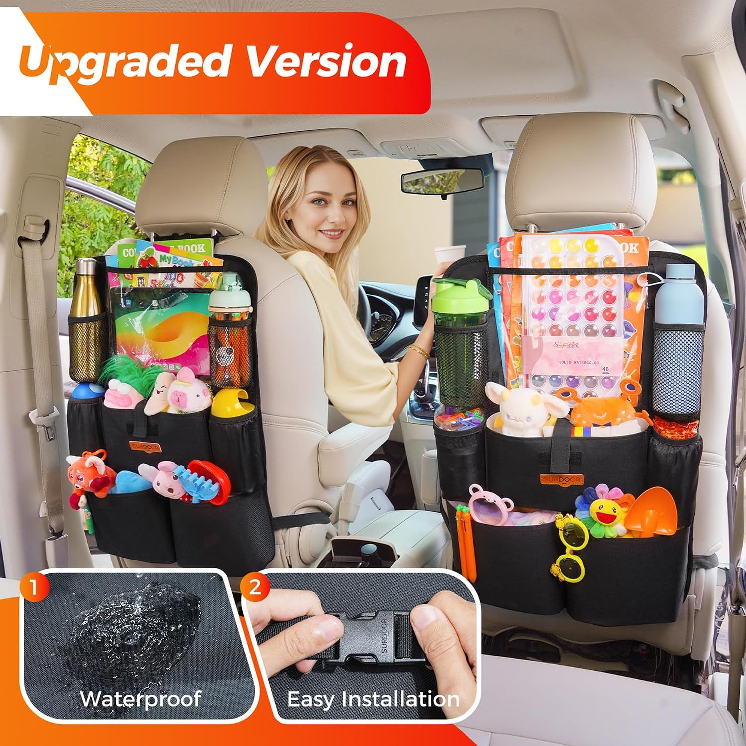 Car Seat Organiser with 11" Tablet Holder, 8 Pockets Waterproof Back Seat Protector for Kids