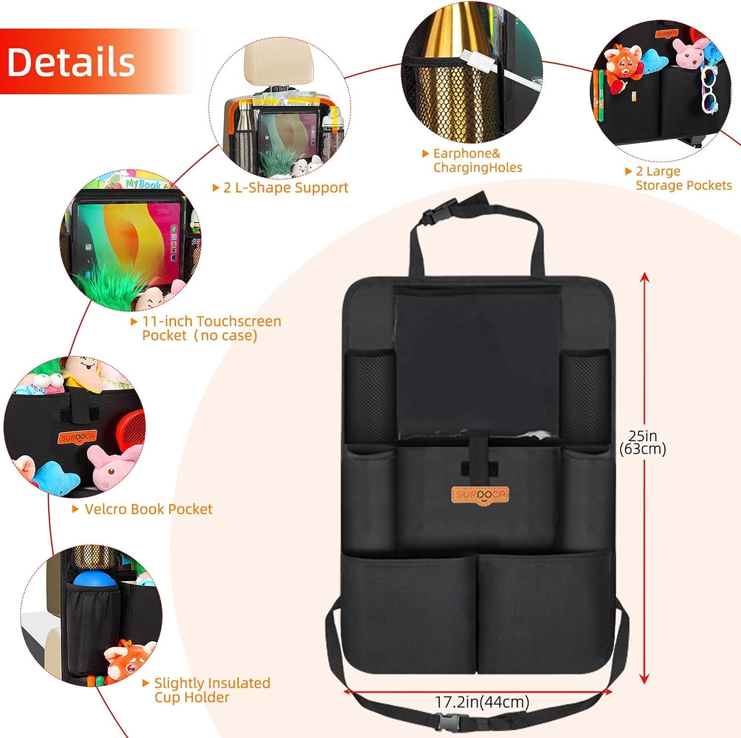 Car Seat Organiser with 11" Tablet Holder, 8 Pockets Waterproof Back Seat Protector for Kids