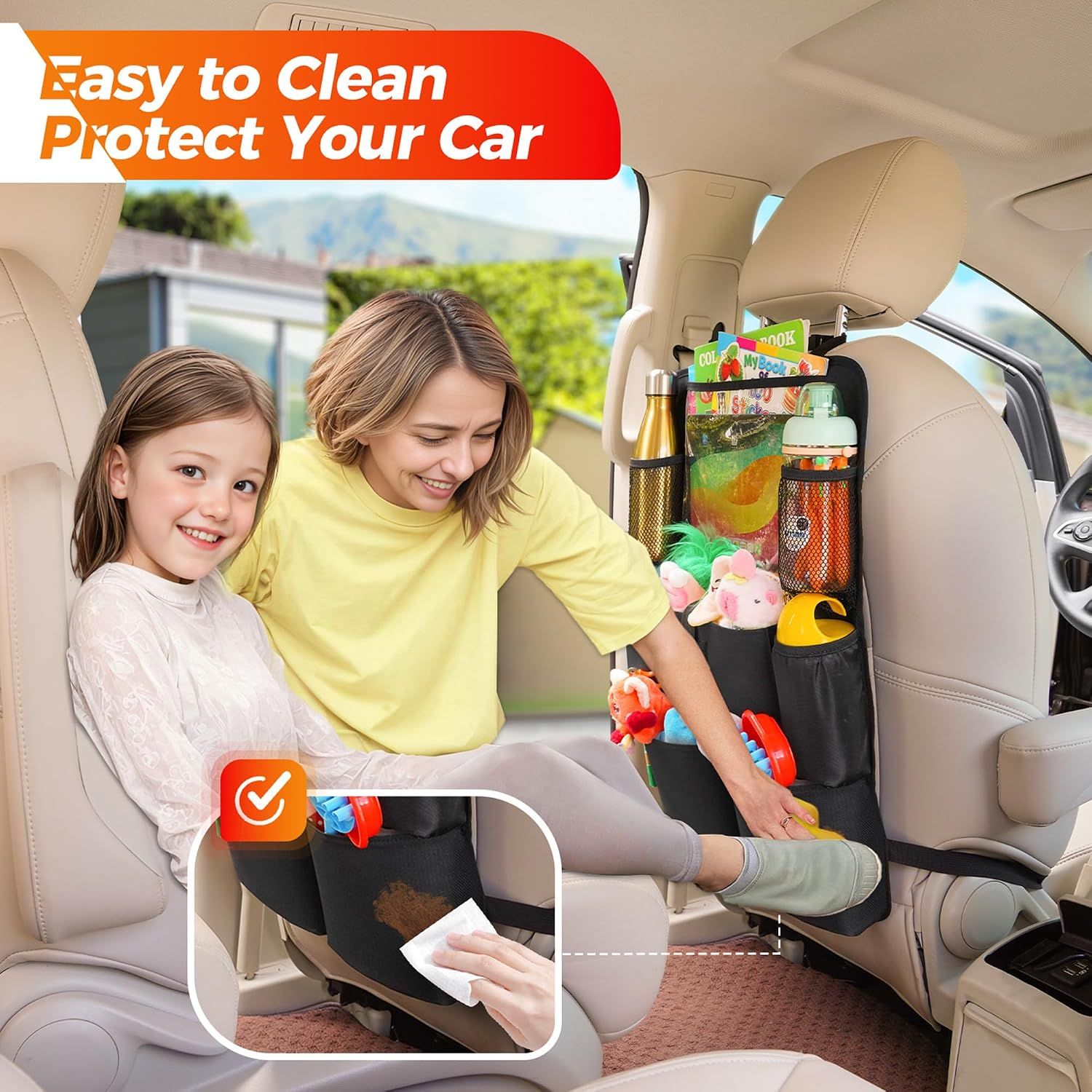 Car Seat Organiser with 11" Tablet Holder, 8 Pockets Waterproof Back Seat Protector for Kids