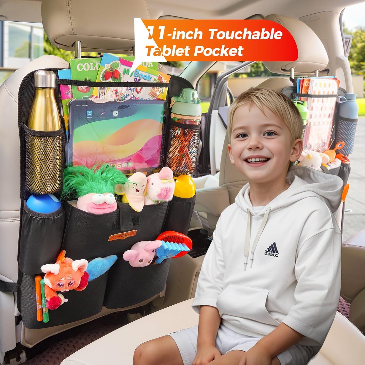 Car Seat Organiser with 11" Tablet Holder, 8 Pockets Waterproof Back Seat Protector for Kids