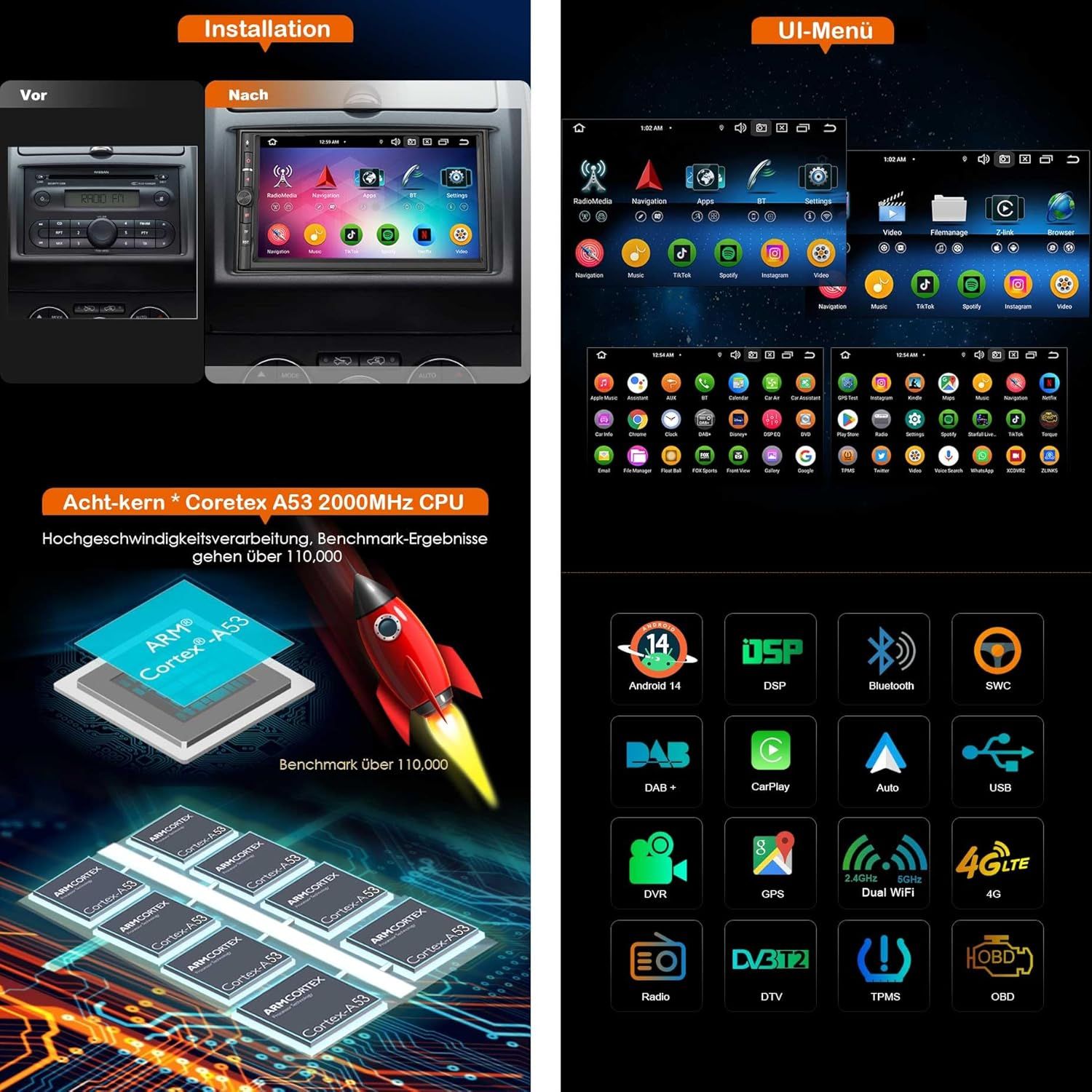 4GB+64GB Android 14 2DIN Car Stereo 7" Touchscreen with Wireless CarPlay Android Auto GPS DAB+ 4G LTE
