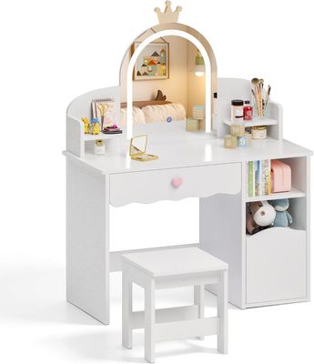Kids Dressing Table with Mirror, Stool &amp; 3-Color LED Lights, White