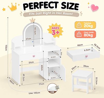 Kids Dressing Table with Mirror, Stool &amp; 3-Color LED Lights, White