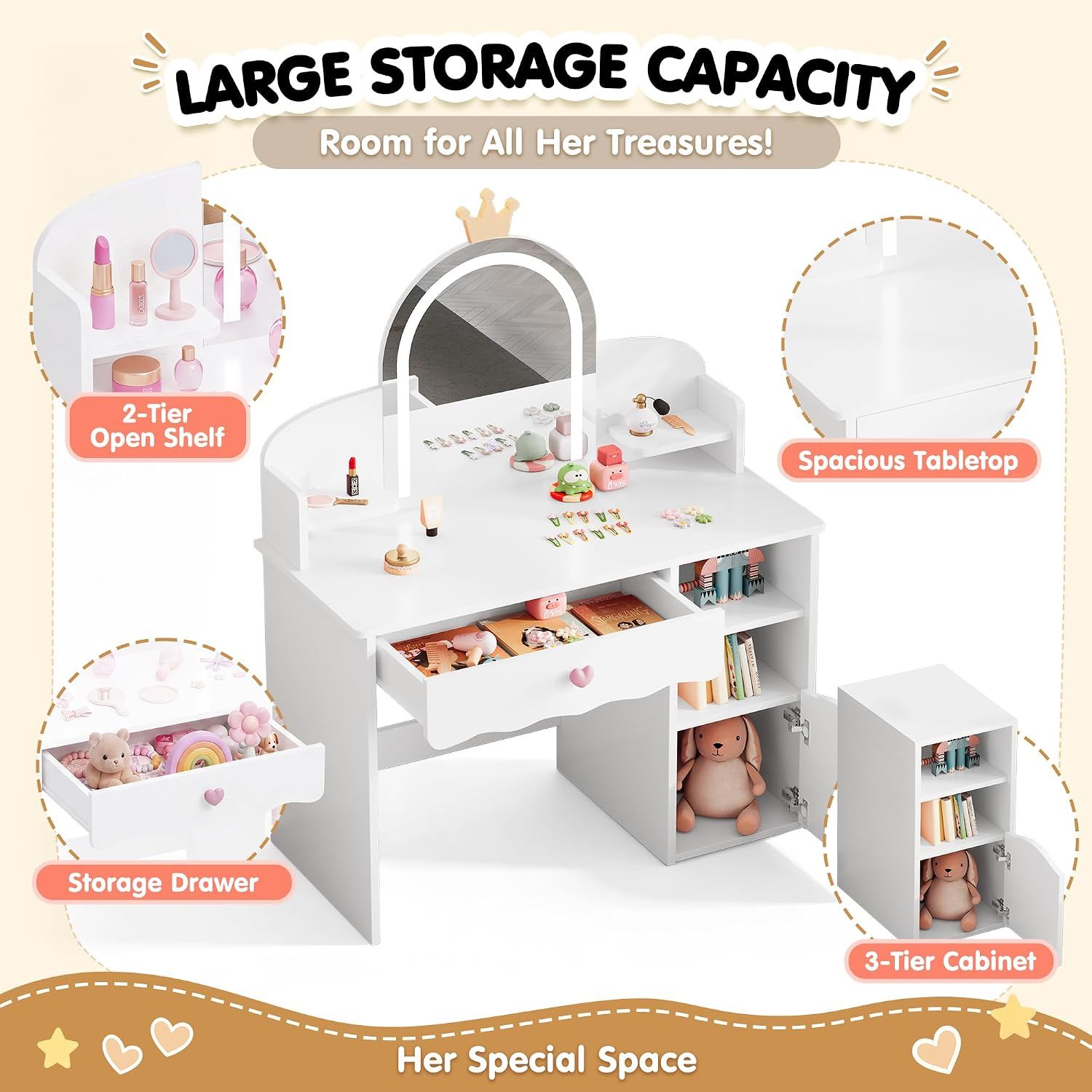 Kids Dressing Table with Mirror, Stool &amp; 3-Color LED Lights, White