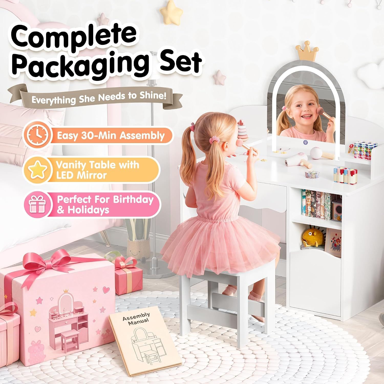 Kids Dressing Table with Mirror, Stool &amp; 3-Color LED Lights, White