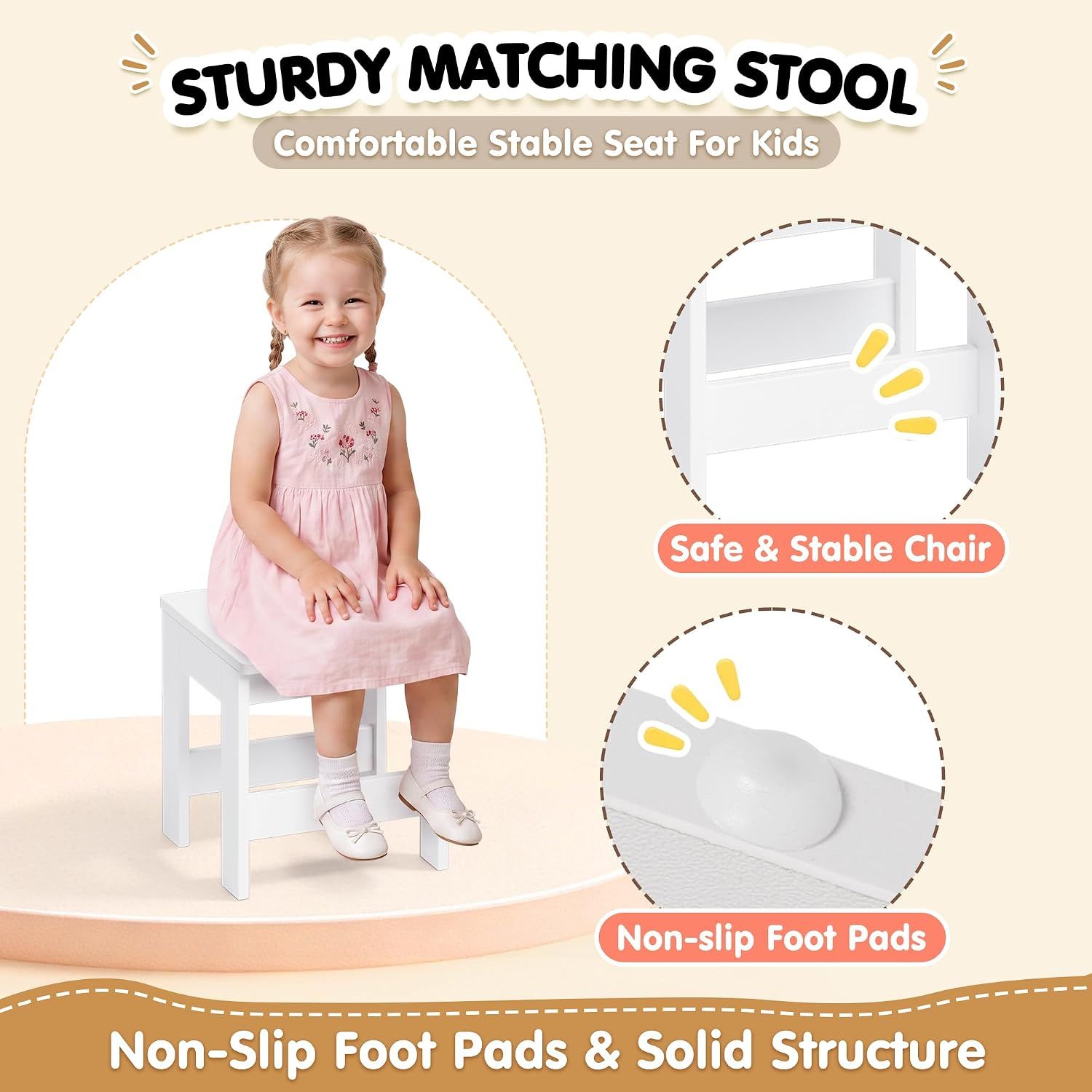 Kids Dressing Table with Mirror, Stool &amp; 3-Color LED Lights, White