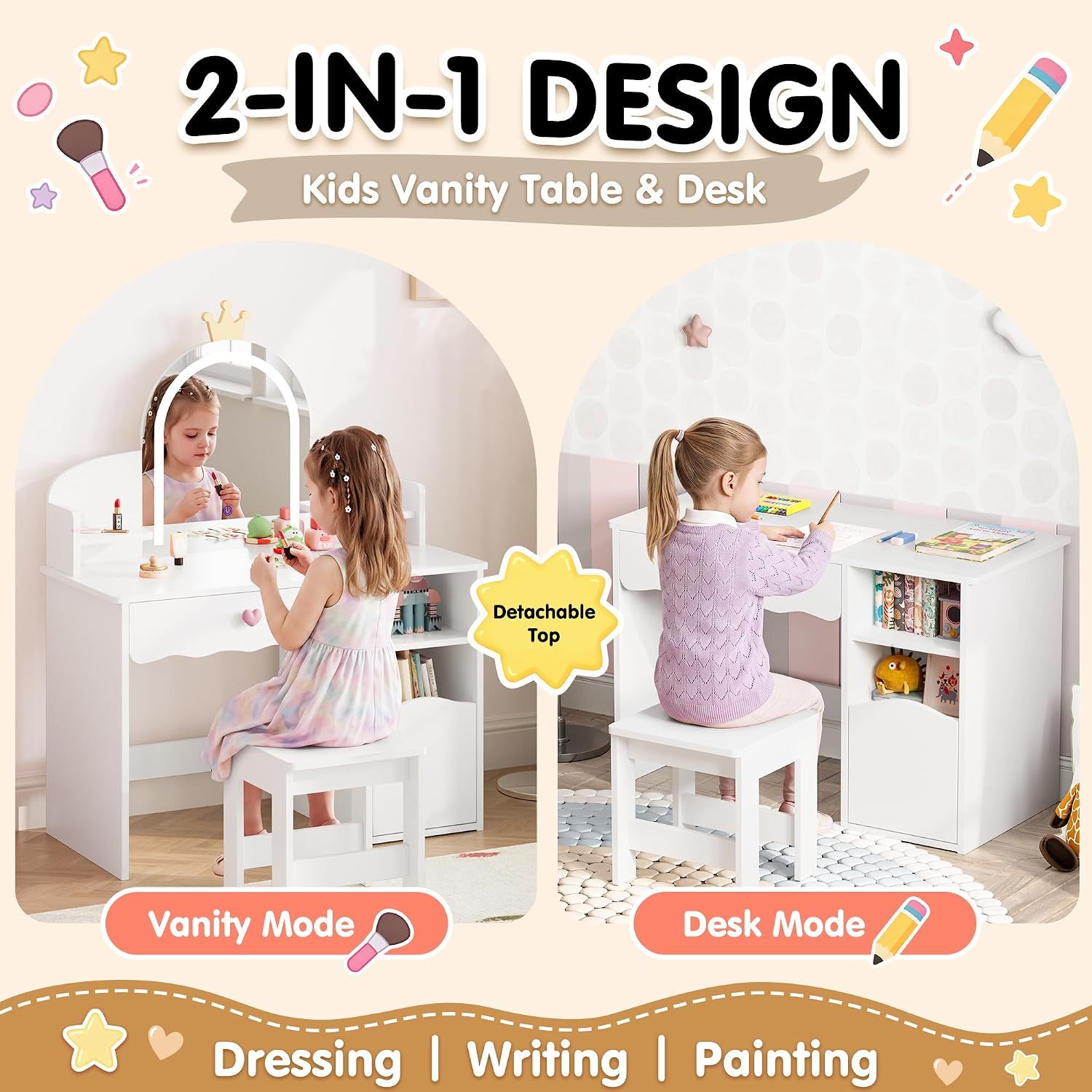 Kids Dressing Table with Mirror, Stool &amp; 3-Color LED Lights, White