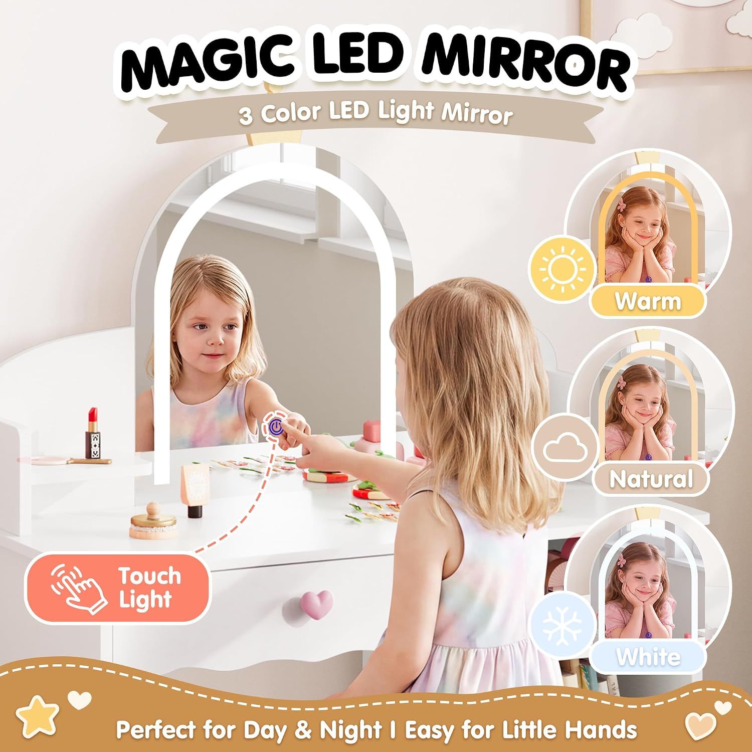 Kids Dressing Table with Mirror, Stool &amp; 3-Color LED Lights, White