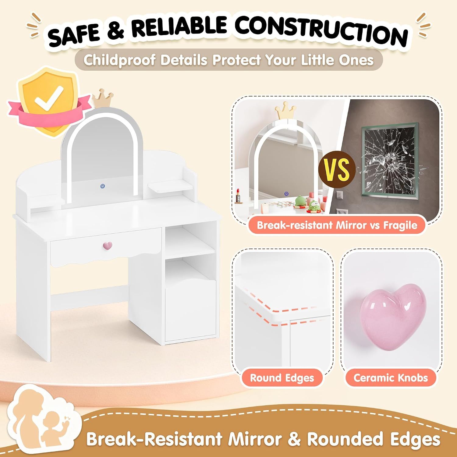 Kids Dressing Table with Mirror, Stool &amp; 3-Color LED Lights, White