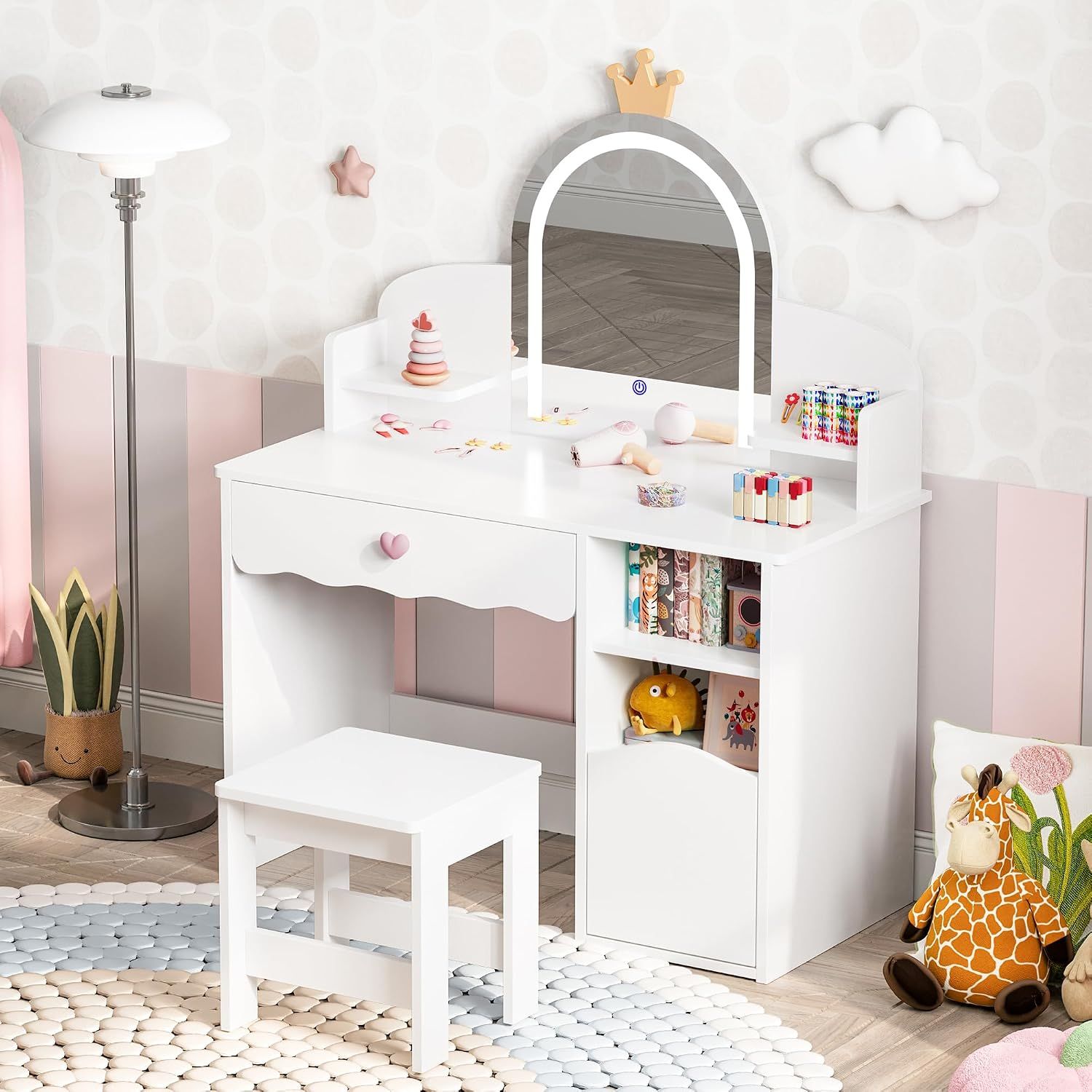Kids Dressing Table with Mirror, Stool &amp; 3-Color LED Lights, White