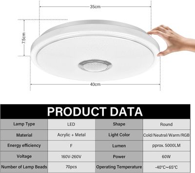 Smart Bedroom LED Ceiling Light with Bluetooth Speaker, RGB &amp; Dimmable Colour Temperature