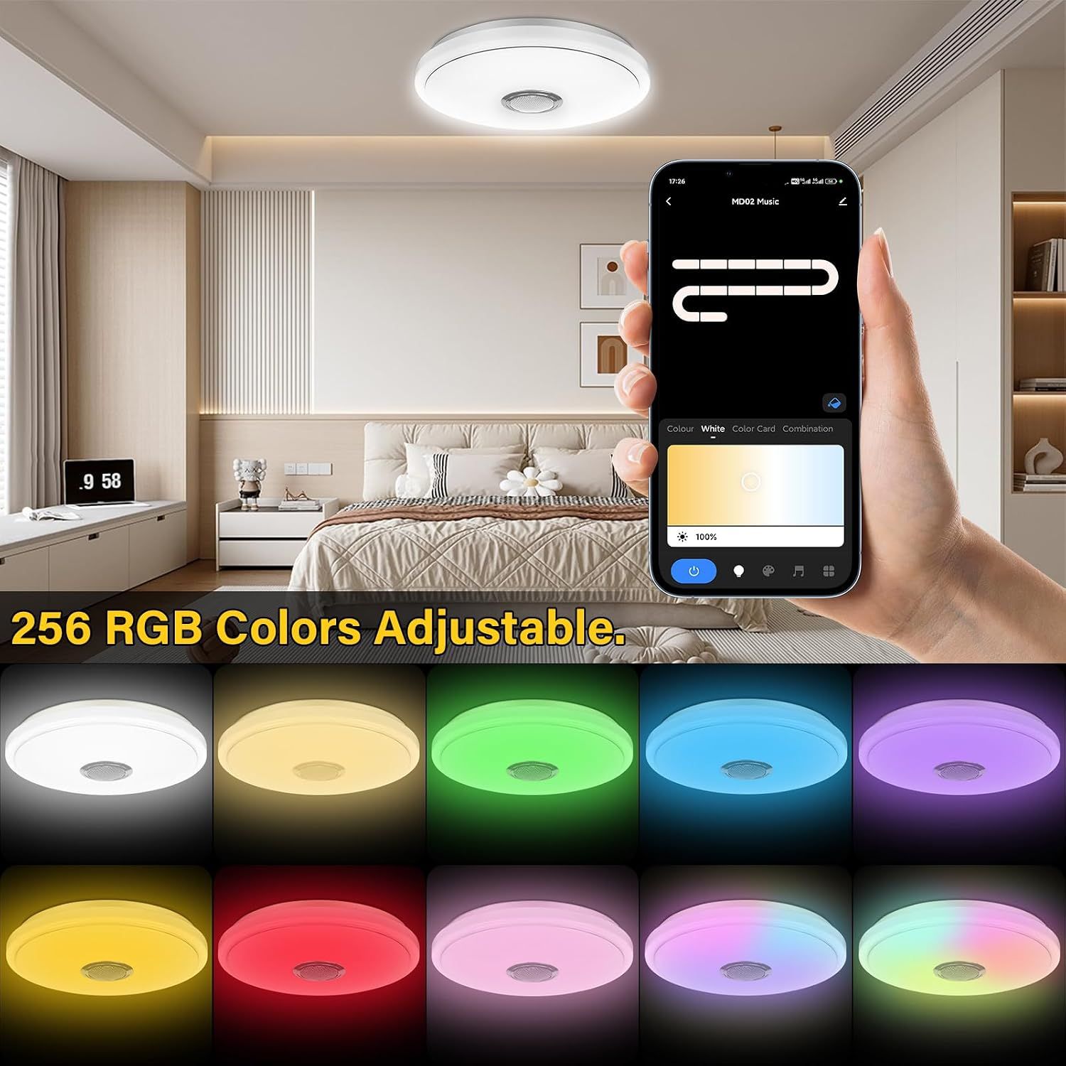 Smart Bedroom LED Ceiling Light with Bluetooth Speaker, RGB &amp; Dimmable Colour Temperature