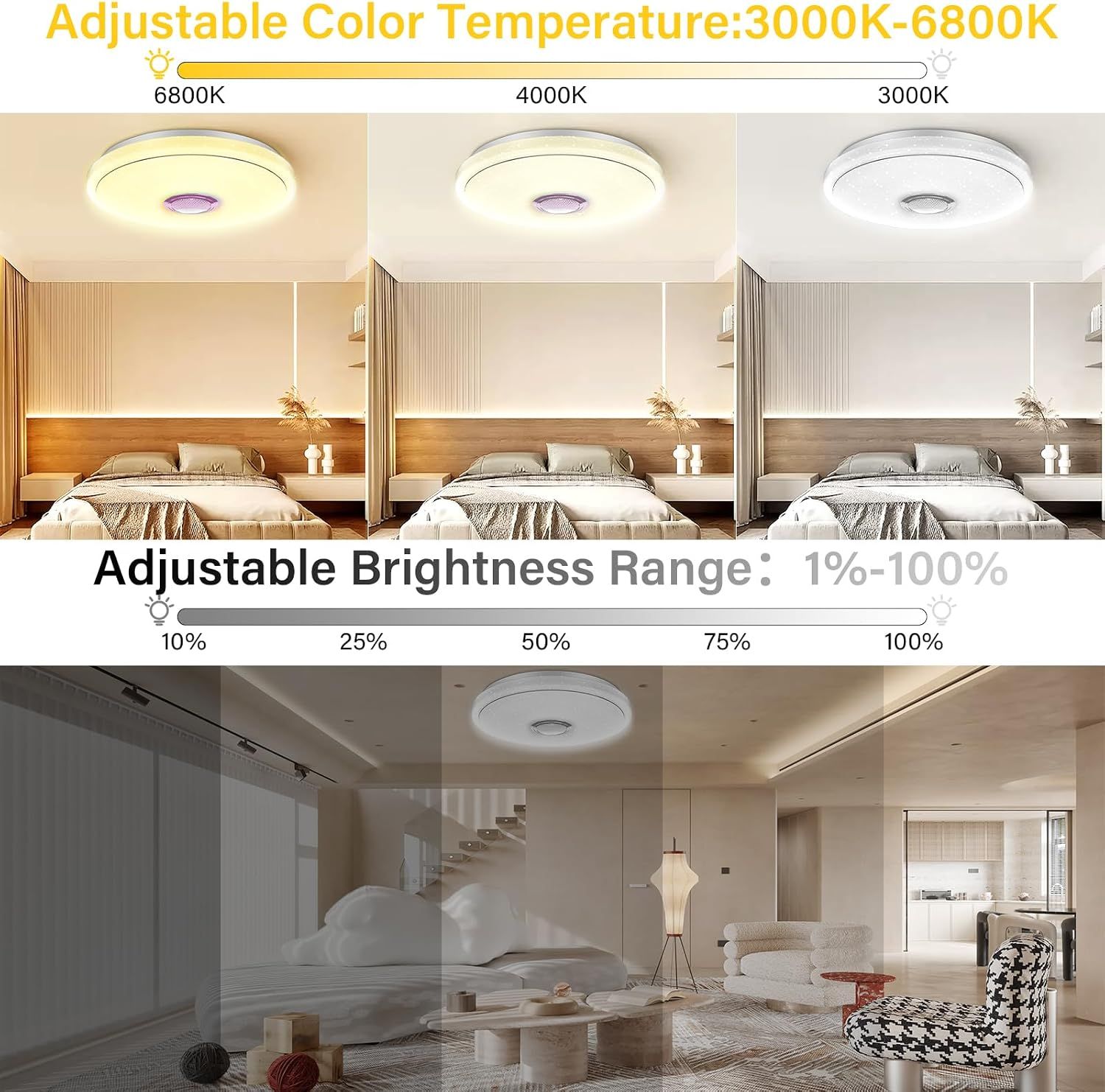 Smart Bedroom LED Ceiling Light with Bluetooth Speaker, RGB &amp; Dimmable Colour Temperature