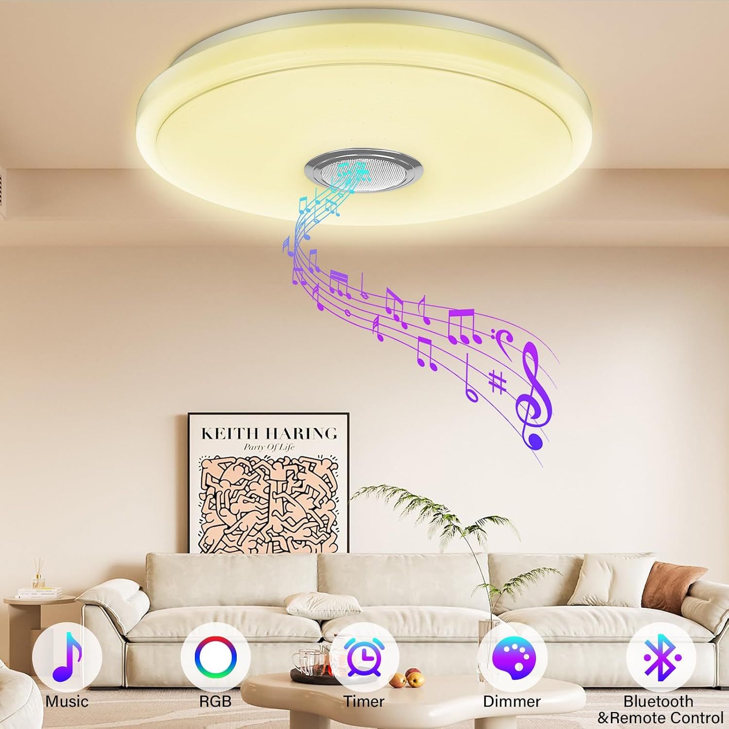 Smart Bedroom LED Ceiling Light with Bluetooth Speaker, RGB &amp; Dimmable Colour Temperature