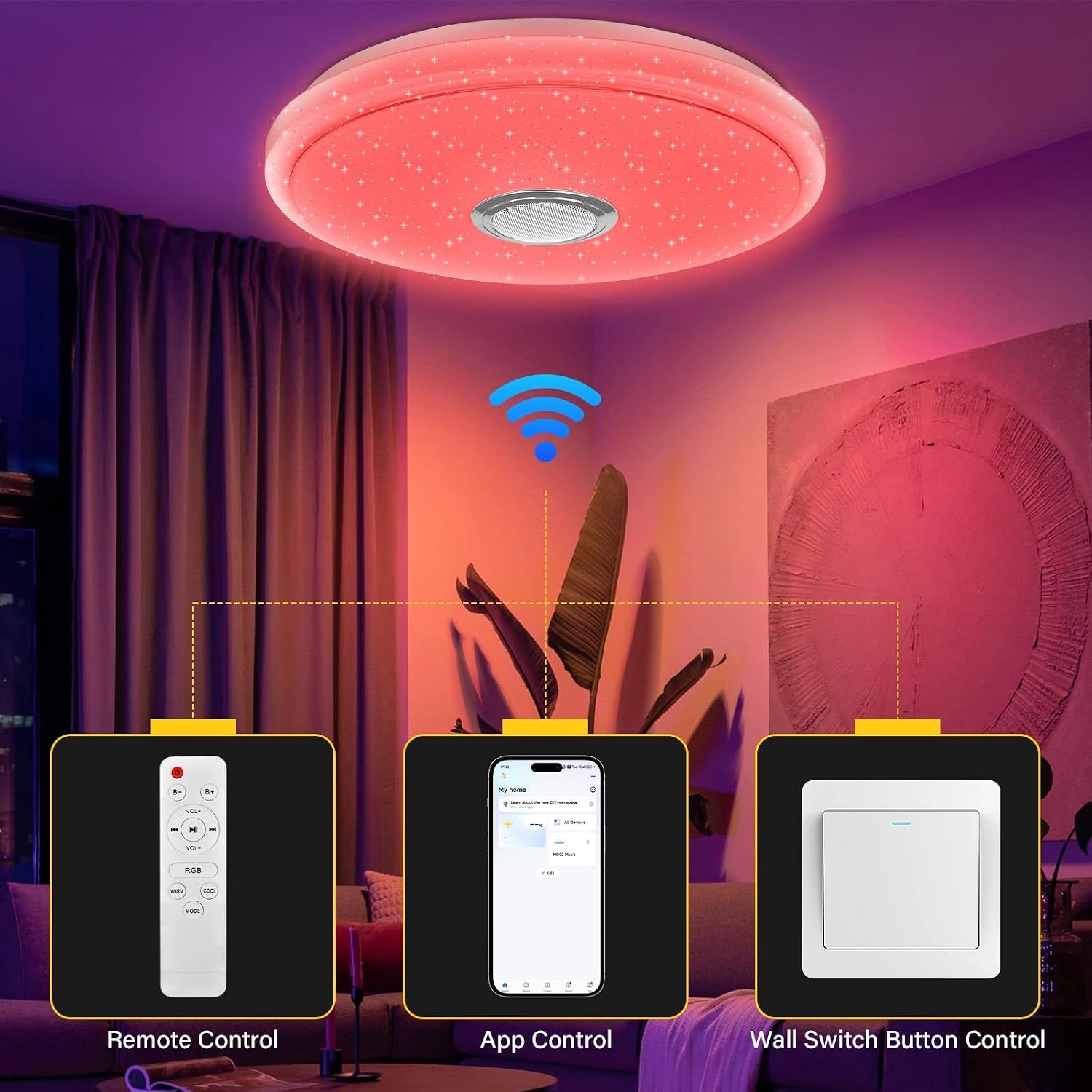 Smart Bedroom LED Ceiling Light with Bluetooth Speaker, RGB &amp; Dimmable Colour Temperature