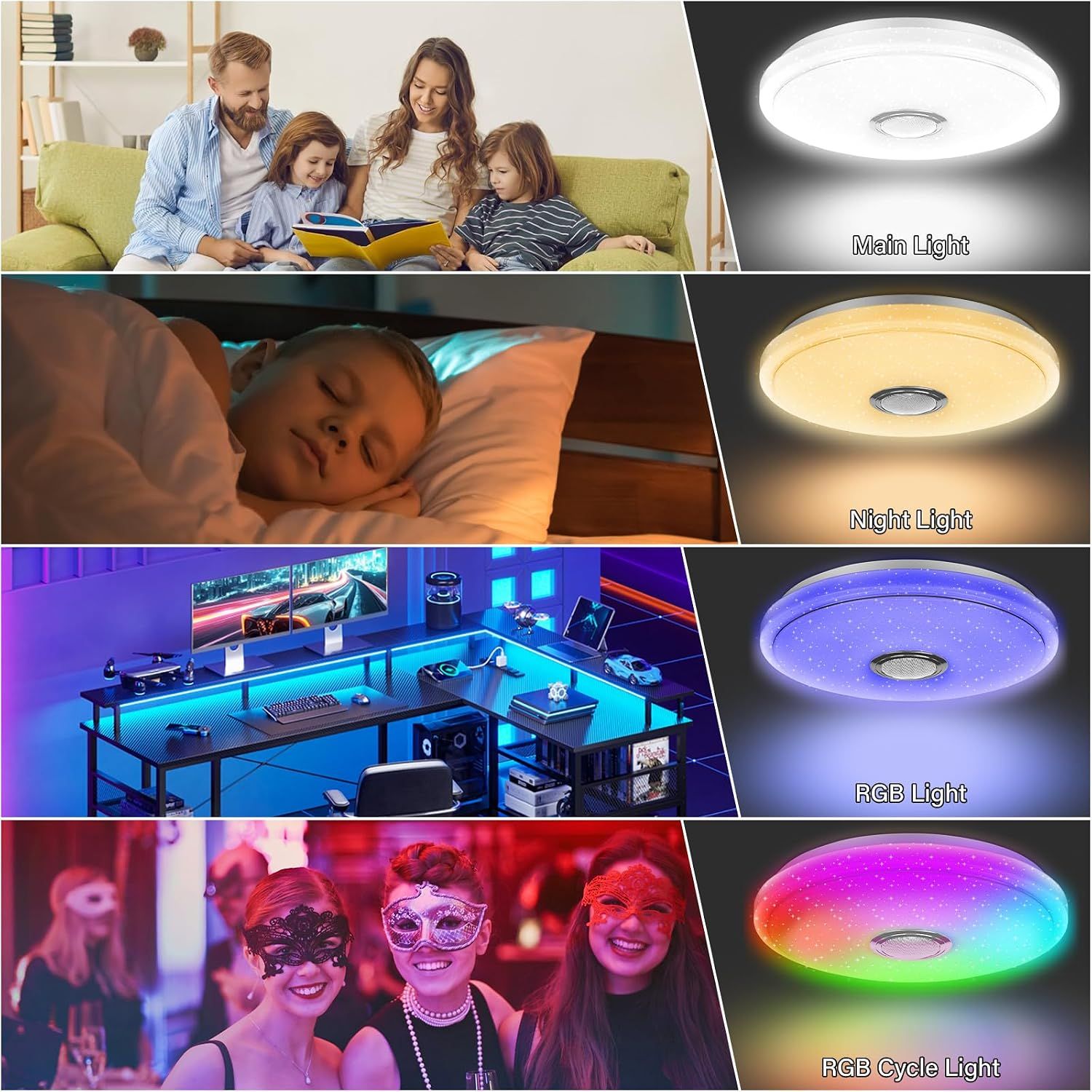 Smart Bedroom LED Ceiling Light with Bluetooth Speaker, RGB &amp; Dimmable Colour Temperature