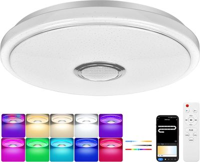 Smart Bedroom LED Ceiling Light with Bluetooth Speaker, RGB &amp; Dimmable Colour Temperature