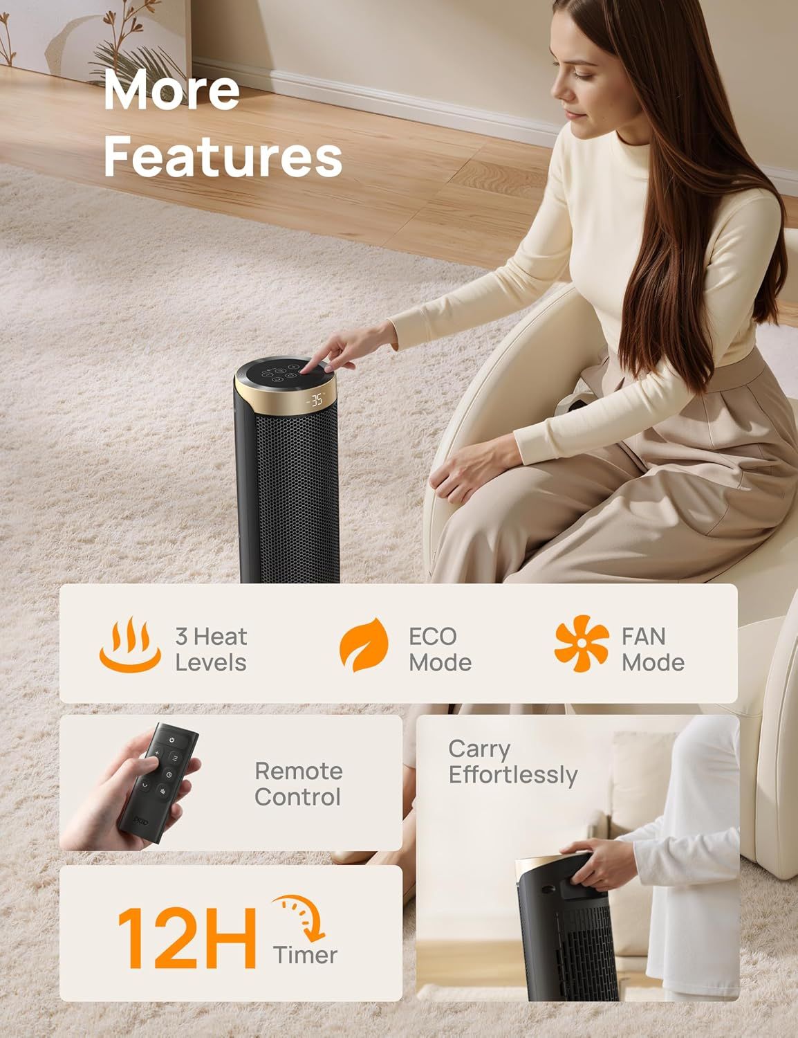 16 Inch Ceramic Tower Heater 220V Oscillating Electric Space Heater with Remote