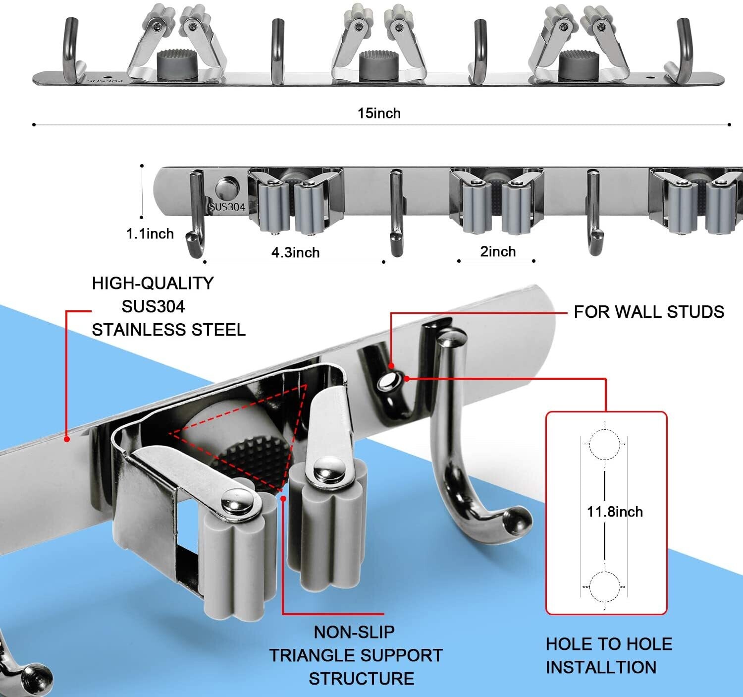 Wall Mounted Broom Holder Mop Holder Wall Mounted Heavy Duty Stainless Steel Broom Holder Wall Mount with 3 Racks 4 Hooks for Bathroom Kitchen Office