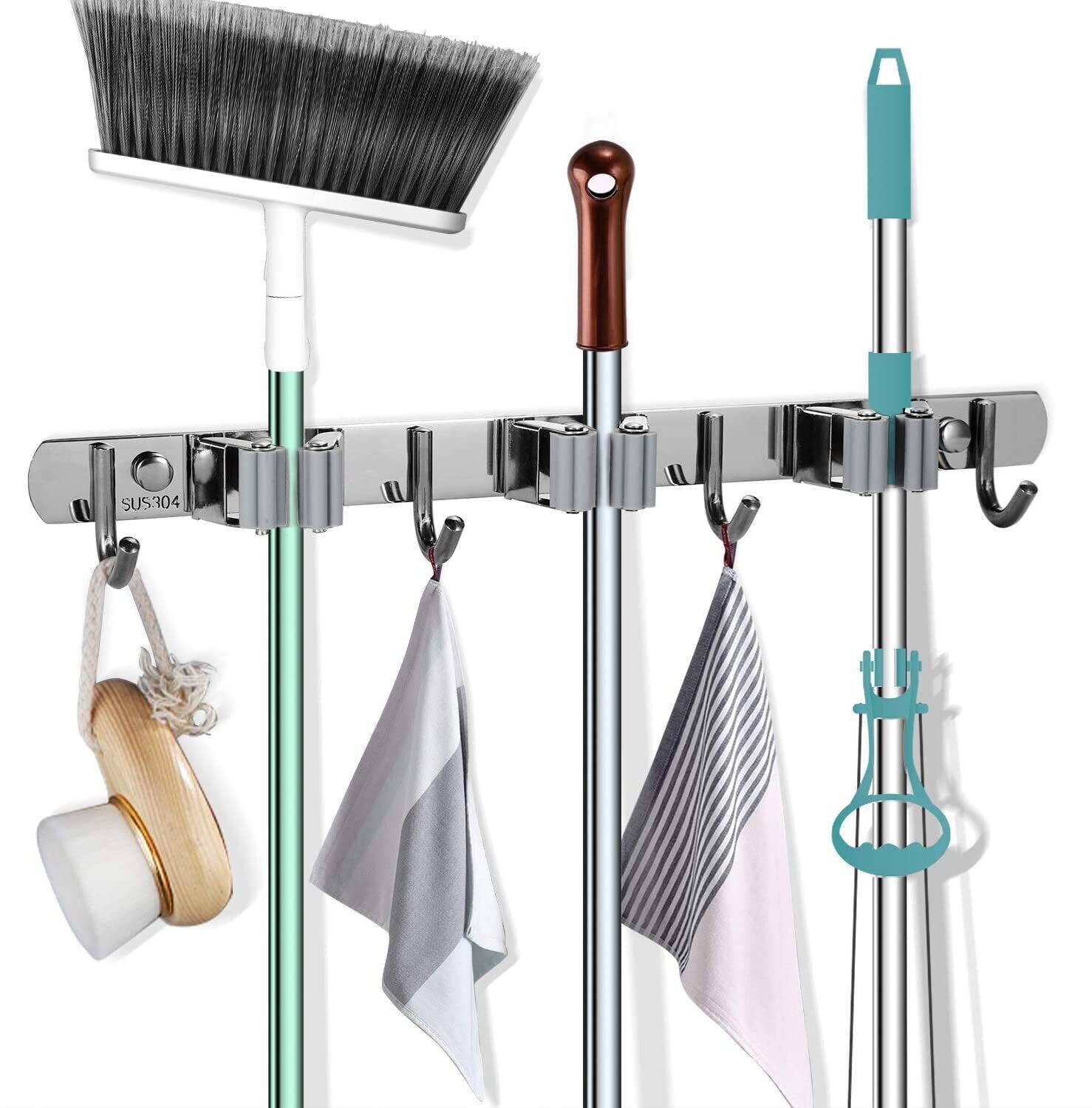 Wall Mounted Broom Holder Mop Holder Wall Mounted Heavy Duty Stainless Steel Broom Holder Wall Mount with 3 Racks 4 Hooks for Bathroom Kitchen Office