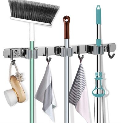 Wall Mounted Broom Holder Mop Holder Wall Mounted Heavy Duty Stainless Steel Broom Holder Wall Mount with 3 Racks 4 Hooks for Bathroom Kitchen Office