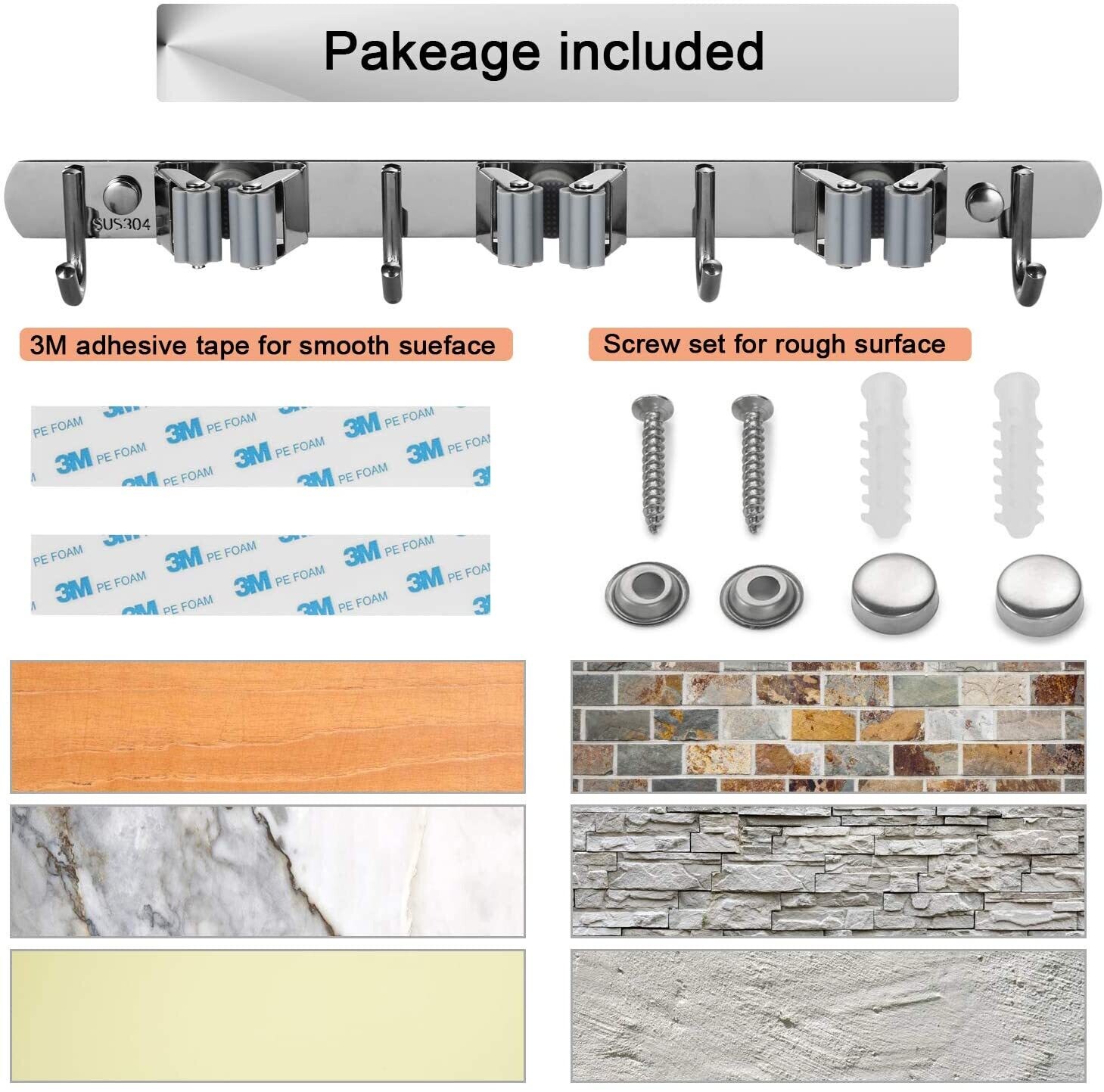 Wall Mounted Broom Holder Mop Holder Wall Mounted Heavy Duty Stainless Steel Broom Holder Wall Mount with 3 Racks 4 Hooks for Bathroom Kitchen Office