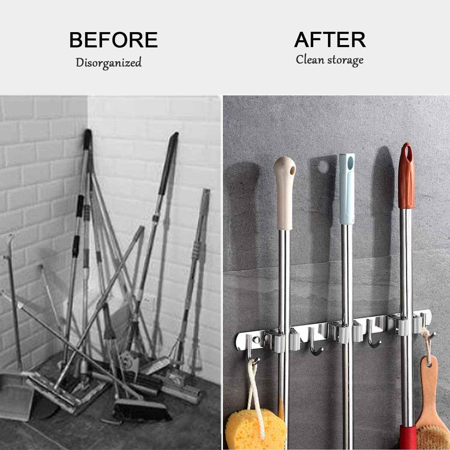 Wall Mounted Broom Holder Mop Holder Wall Mounted Heavy Duty Stainless Steel Broom Holder Wall Mount with 3 Racks 4 Hooks for Bathroom Kitchen Office